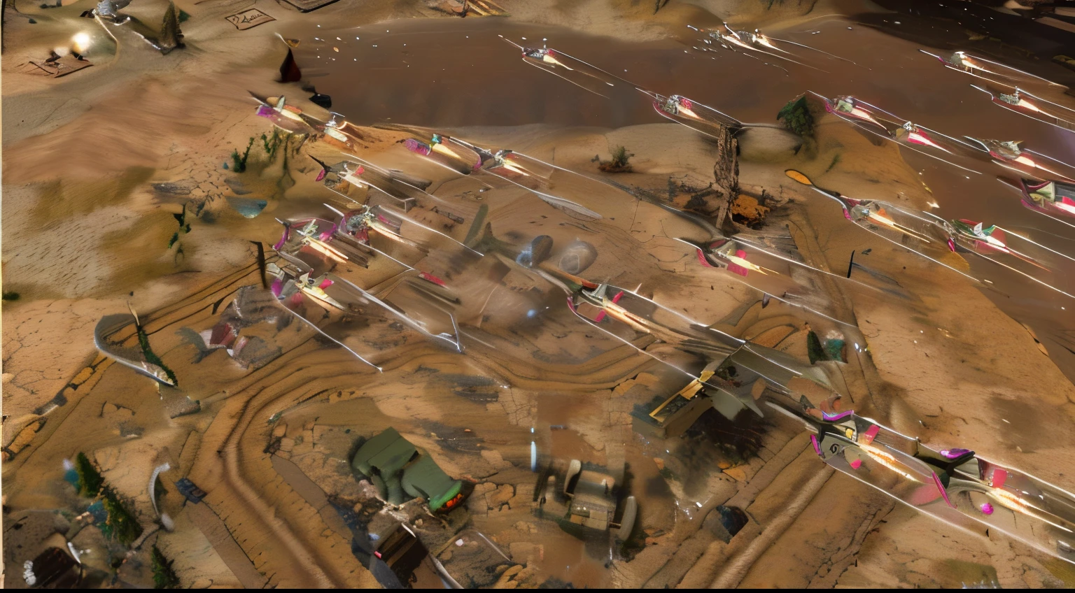 Mecha Style，There are many planes flying over a small town in the game, Background Air Combat, Mecha machine fires bullets, The army scattered on the ground, cannon explosion, Chrome Military Base, Screenshots, After the Great War, Defend this vast looming city, shelling, radioactive spike field, In game graphics, in the game shot, Charge, in the game, Air Support