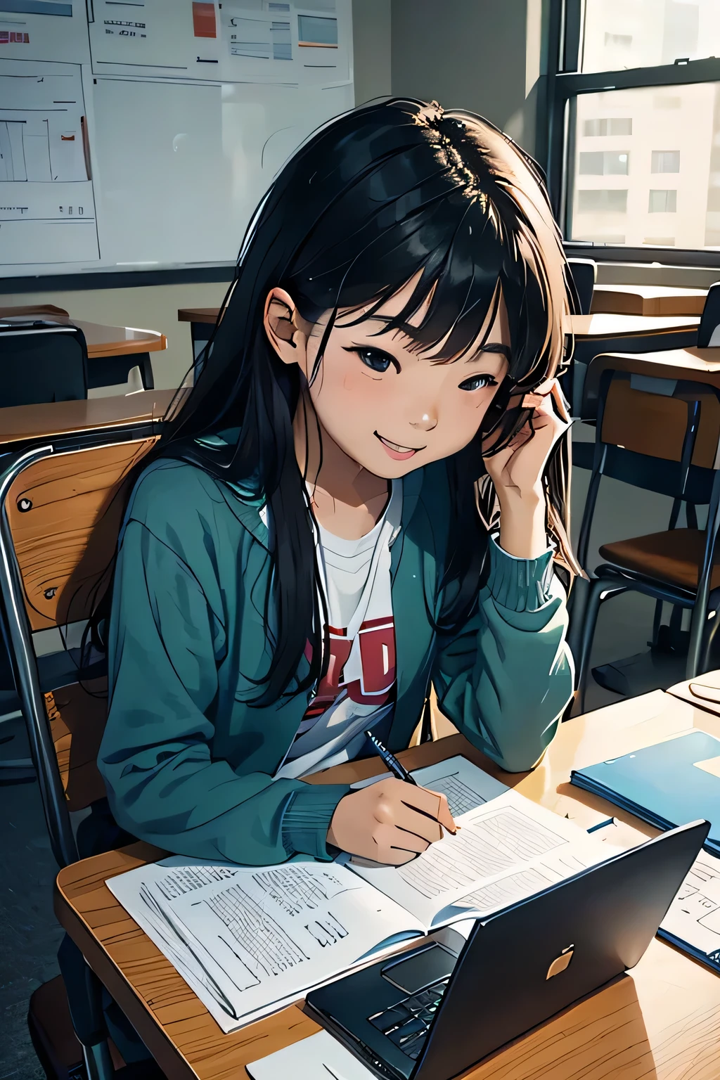 university student, of asian decent, happy expression, excited face, sitting in class, book and laptop in table