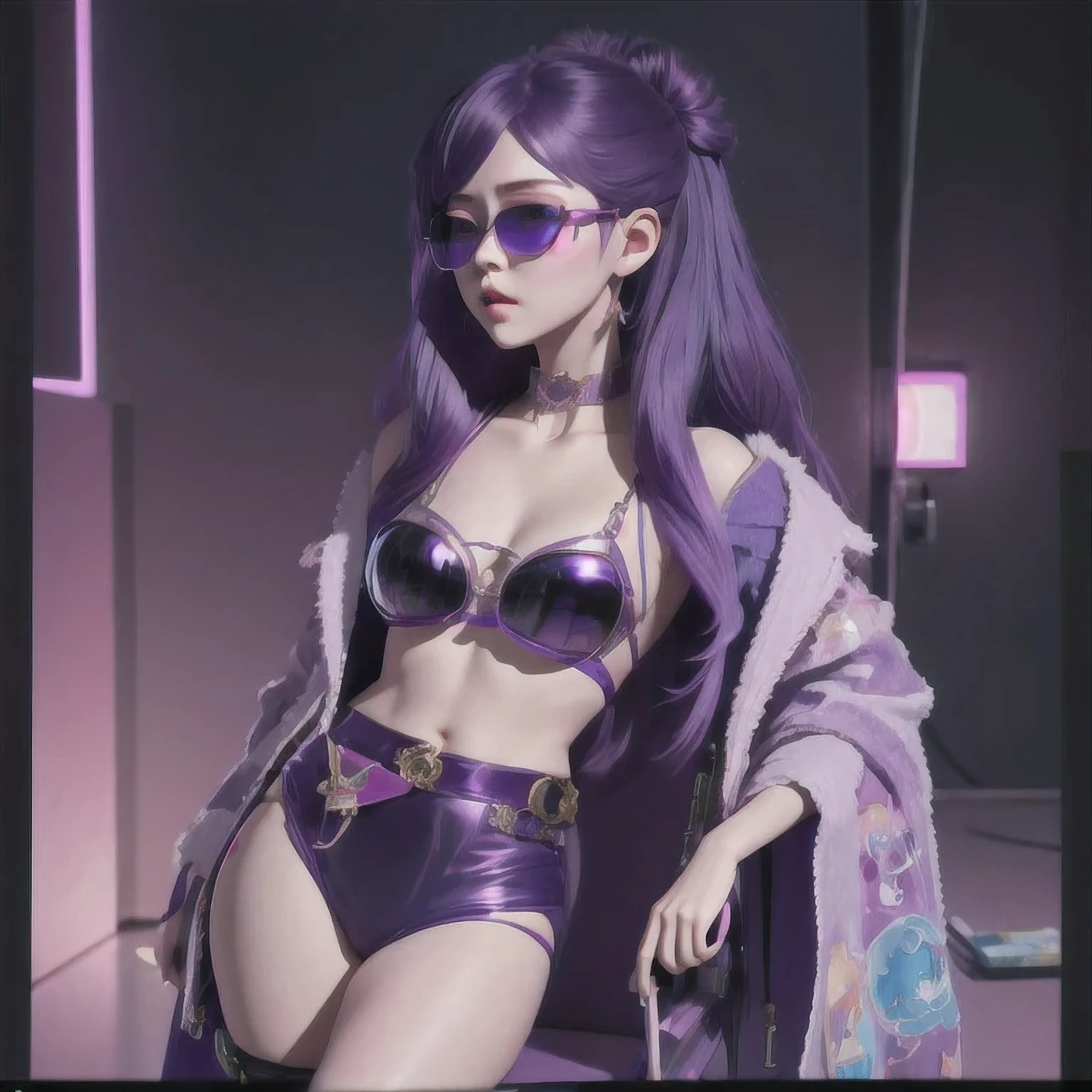 purple haired woman with purple sunglasses and a purple jacket, artwork in the style of guweiz, inspired by Yanjun Cheng, guweiz, trending on cgstation, belle delphine, yanjun chengt, ross tran 8 k, purple aethetic, in the style of ross tran, luts, deviantart artstation cgscosiety, trending at cgstation(masterpiece, best quality:1.2), 1girl, solo