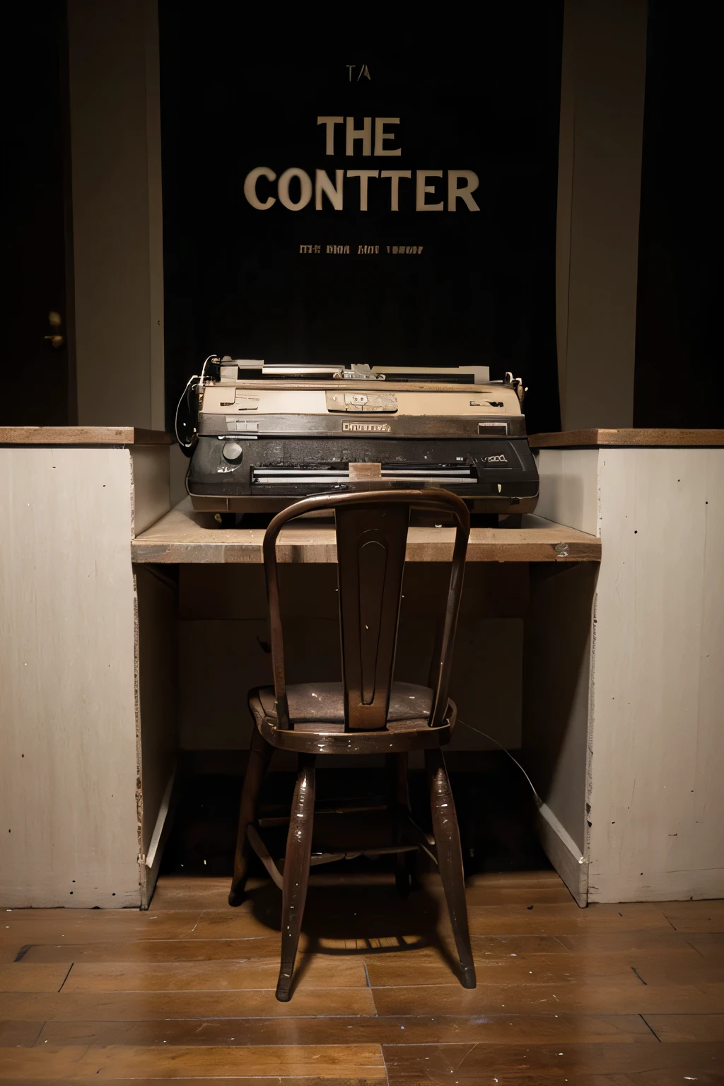 Theater Poster with a vintage wooden chair and old typewriter, make it horror vibe