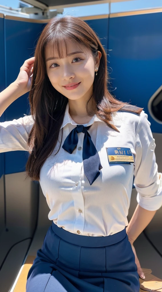 (8K, best quality, masterpiece:1.2), (realistic, photo-realistic:1.37), (high color saturation:1.0), (highly detailed skin), (highest quality:1.0), (ultra high resolution:1.0) ,(realistic:1.0), (Super detailed:1.0), (8K, Raw photo:1.1)、standing random pose, smiling, natural breast, perfect lighting, 22years old, (mysterious), clear and detailed, ((ANA_Cabin Crew, blue flight attendant_uniform)), black pantyhose, (aircraft, aircraft seats), cute face, sitting, (I can see the white_panties from skirt), nsfw,