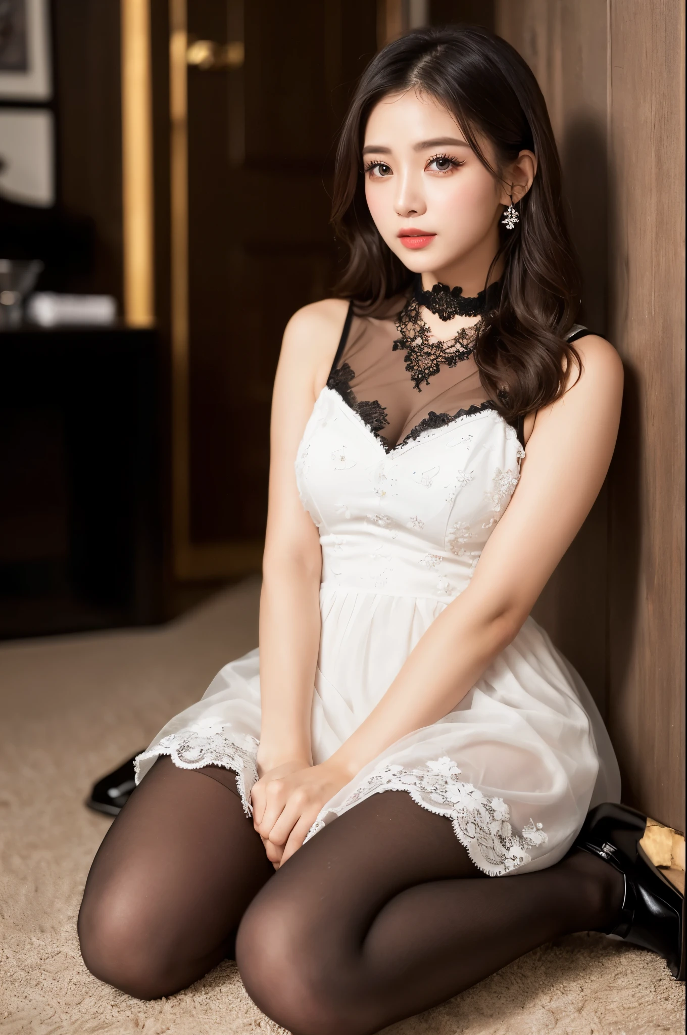 (((masterpiece))), (((highest quality: 1.4))), ((Very detailed: 1.4)) , ((Full Body Shot:1.2)), (Shot from the side), Sitting on the floor、 (See-through:1.3), ((One Woman)), Incredible beauty、Voluptuous mature woman、((choker、See-through lace dress、Ultra-realistic shiny black pantyhose))、 Perfect look，double eyelidの目，Delicate makeup，Cool Beauty,　Accurately expresses details such as face and skin texture,(The most beautiful face and eyes), double eyelid,Delicate skin,