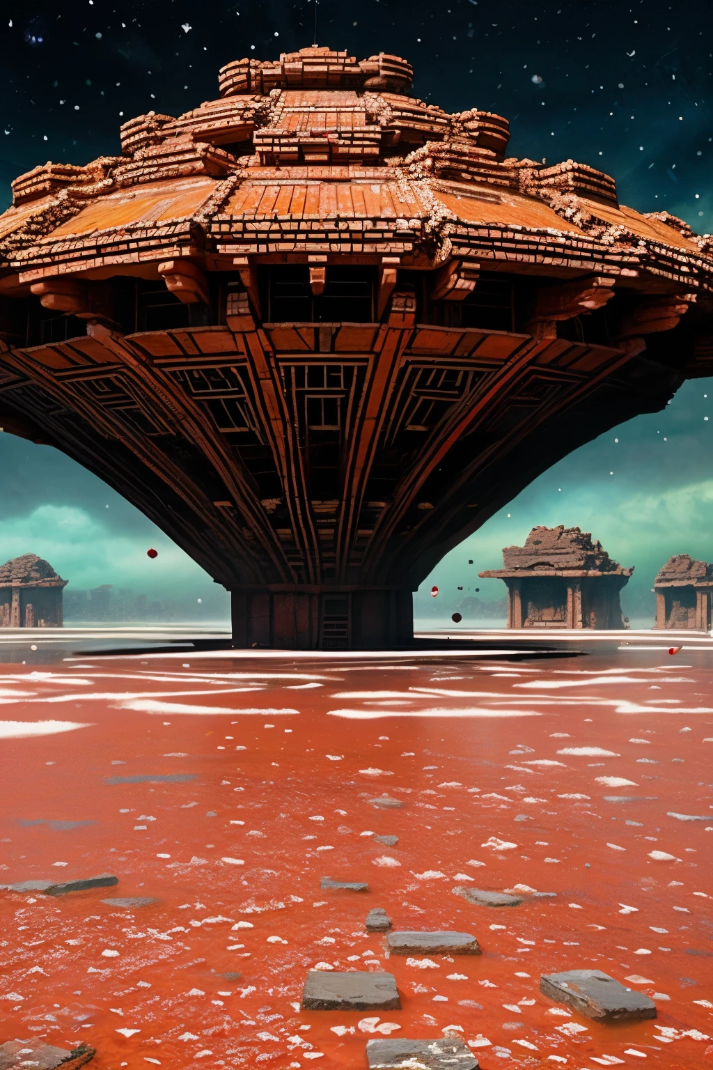 Many red crystals floating in the air,Doomsday ruins