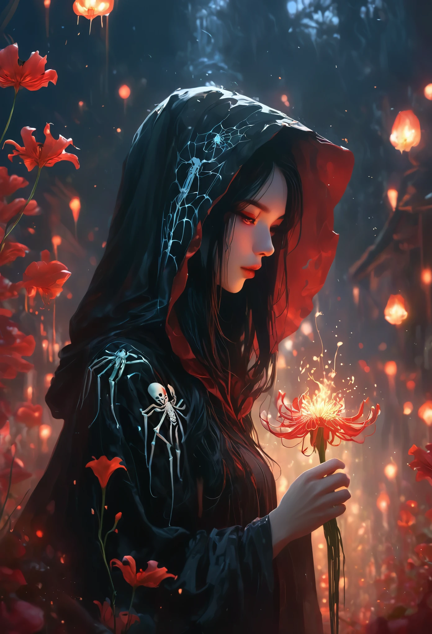 1girl, solo, long_hair, black_hair, holding, flower, artist_name, hood, wide_sleeves, from_side, profile, glowing, watermark, fire, red_flower, web_address, hood_up, skull, ghost, skeleton, spider_lily