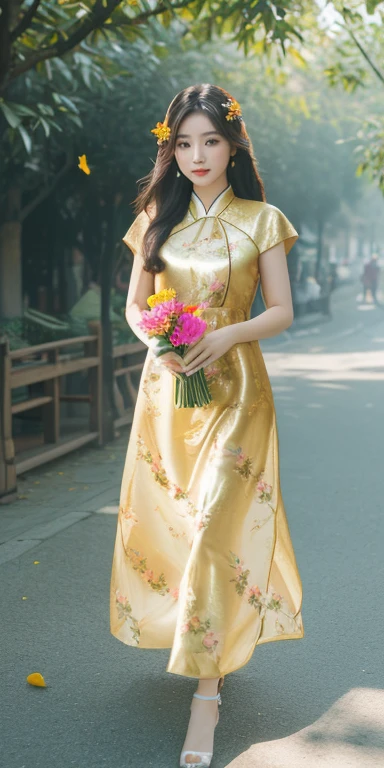 ((lifelike:1.2)), ((masterpiece:1.2)), ((Highest quality image)), ((not NSFW)), ((8K)), CG, HD, very beautiful girl, asian mixed idol model,
(((Girl wearing a silk dress rents flowers, Leaves, birds, colourful))), Full body photo of girl standing on the street, ((high solution và tương phản)), ((Super nice graphics)), ((professional)), ((màu sắc detail và rực rỡ)), ((Super smooth image)), ((Advanced photography techniques)), ((RAW thật)), ((Kết cấu ảnh perfect)), Complex lighting, yellow-black rays, ((Face lighting)), sunlight ((lấp Leavesnh)), ((illuminate the girl&#39;s body), glossy pink lips, phấn mắt hồng, eyelash, blush, mỹ phẩm, aa bright white, lỗ chân lông detail, da stretch the ball, da stretch the ball, bàn tay perfect, spotless, ivory white skin, ruddy, stretch the ball, shiny, golden red hair, smooth, floating in the sunlight, detail, blue eyes, charming, ((trang điểm high solution)), true, ((damp)), detail, phấn mắt hồng, two delicate eyelids, đẹp perfect, detail, eyelash đen, Arched eyebrows, dear, high solution, detail, khuôn mặt xinh đẹp và perfect, holiness, light makeup, cân đối perfect, đẹp đến từng detail, ((shiny)), mỹ phẩm, Beautiful nose, lovely, cao, detail, blush, prominent cheekbones, detail, đôi môi charming, glossy pink lips, Bright smile, pure white teeth, detail, beautiful hands, perfect, ((error-free)), no disability, cơ thể siêu perfect, full of life, big and plump breasts, Raised nipples, Deep chest slit, toning, detail, mông nở nang, shiny.