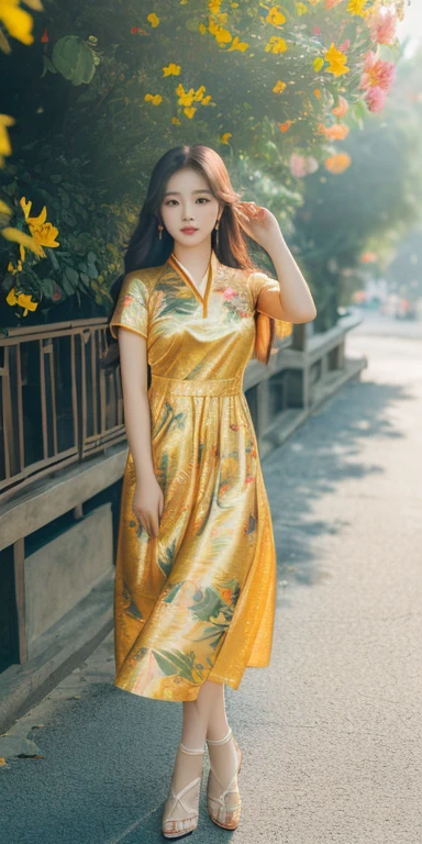 ((lifelike:1.2)), ((masterpiece:1.2)), ((Highest quality image)), ((not NSFW)), ((8K)), CG, HD, very beautiful girl, asian mixed idol model,
(((Girl wearing a silk dress rents flowers, Leaves, birds, colourful))), Full body photo of girl standing on the street, ((high solution và tương phản)), ((Super nice graphics)), ((professional)), ((màu sắc detail và rực rỡ)), ((Super smooth image)), ((Advanced photography techniques)), ((RAW thật)), ((Kết cấu ảnh perfect)), Complex lighting, yellow-black rays, ((Face lighting)), sunlight ((lấp Leavesnh)), ((illuminate the girl's body), glossy pink lips, phấn mắt hồng, eyelash, blush, mỹ phẩm, aa bright white, lỗ chân lông detail, da stretch the ball, da stretch the ball, bàn tay perfect, spotless, ivory white skin, ruddy, stretch the ball, shiny, golden red hair, smooth, floating in the sunlight, detail, blue eyes, charming, ((trang điểm high solution)), true, ((damp)), detail, phấn mắt hồng, two delicate eyelids, đẹp perfect, detail, eyelash đen, Arched eyebrows, dear, high solution, detail, khuôn mặt xinh đẹp và perfect, holiness, light makeup, cân đối perfect, đẹp đến từng detail, ((shiny)), mỹ phẩm, Beautiful nose, lovely, cao, detail, blush, prominent cheekbones, detail, đôi môi charming, glossy pink lips, Bright smile, pure white teeth, detail, beautiful hands, perfect, ((error-free)), no disability, cơ thể siêu perfect, full of life, big and plump breasts, Raised nipples, Deep chest slit, toning, detail, mông nở nang, shiny.