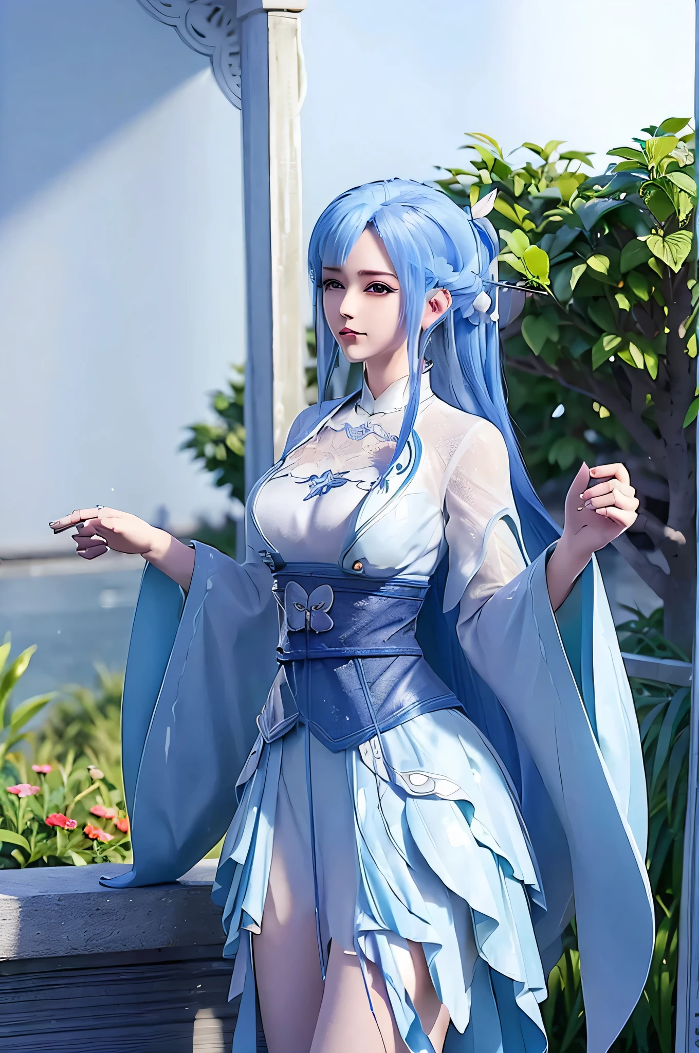 Blue nine-tailed dragon girl, (Bright blue hair), ((Big Hair)), double eyelid, Perfect figure, Nice face, Perfect Skin, blue eyes, spirit princess, Blue period、are shining on the distant planet Spica.、Blue and white beams of light、A beautiful comet flies by、