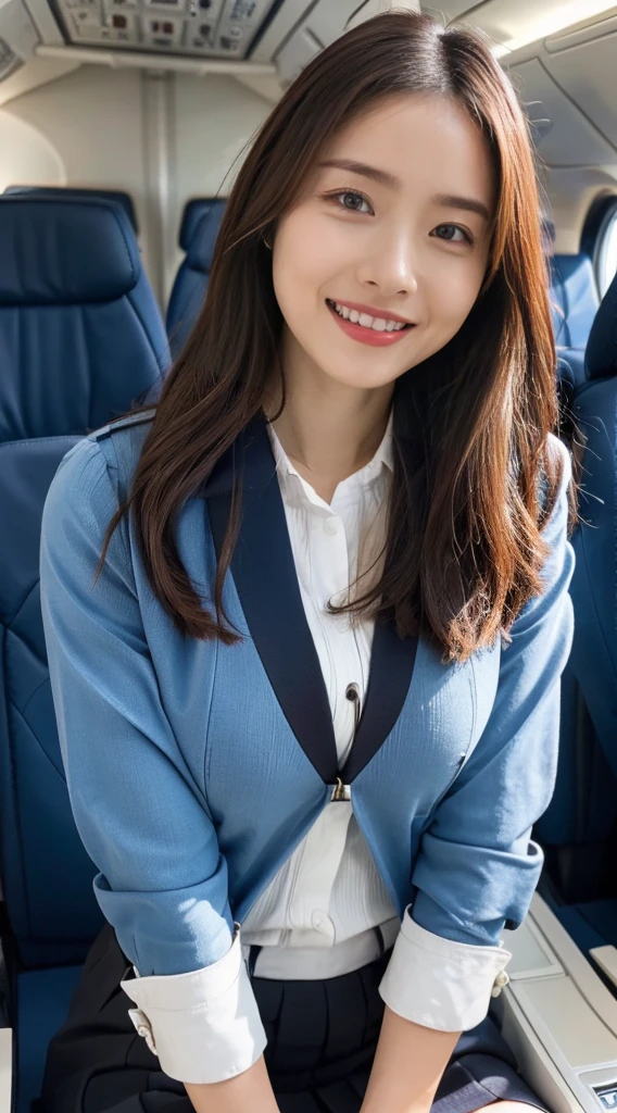 (8K, best quality, masterpiece:1.2), (realistic, photo-realistic:1.37), (high color saturation:1.0), (highly detailed skin), (highest quality:1.0), (ultra high resolution:1.0) ,(realistic:1.0), (Super detailed:1.0), (8K, Raw photo:1.1)、standing random pose, smiling, natural breast, perfect lighting, 22years old, (mysterious), clear and detailed, ((ANA_Cabin Crew, blue flight attendant_uniform)), black pantyhose, (aircraft, aircraft seats), cute face, sitting, (I can see the white_panties from skirt), nsfw,