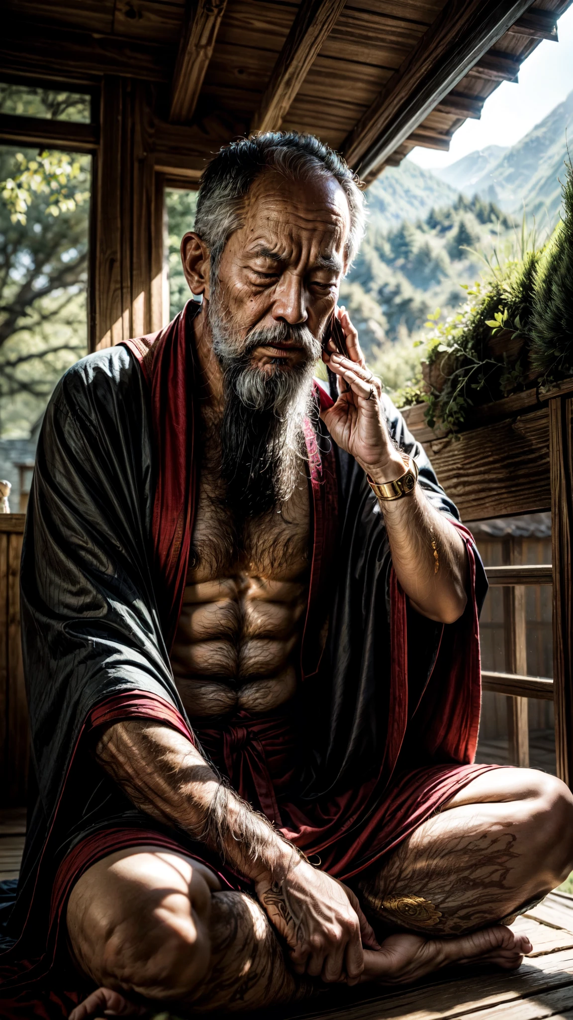 a close up shot of monk meditating under tree with a unique and ancient retreat cabin in background, holy light, golden sunlight, mythical