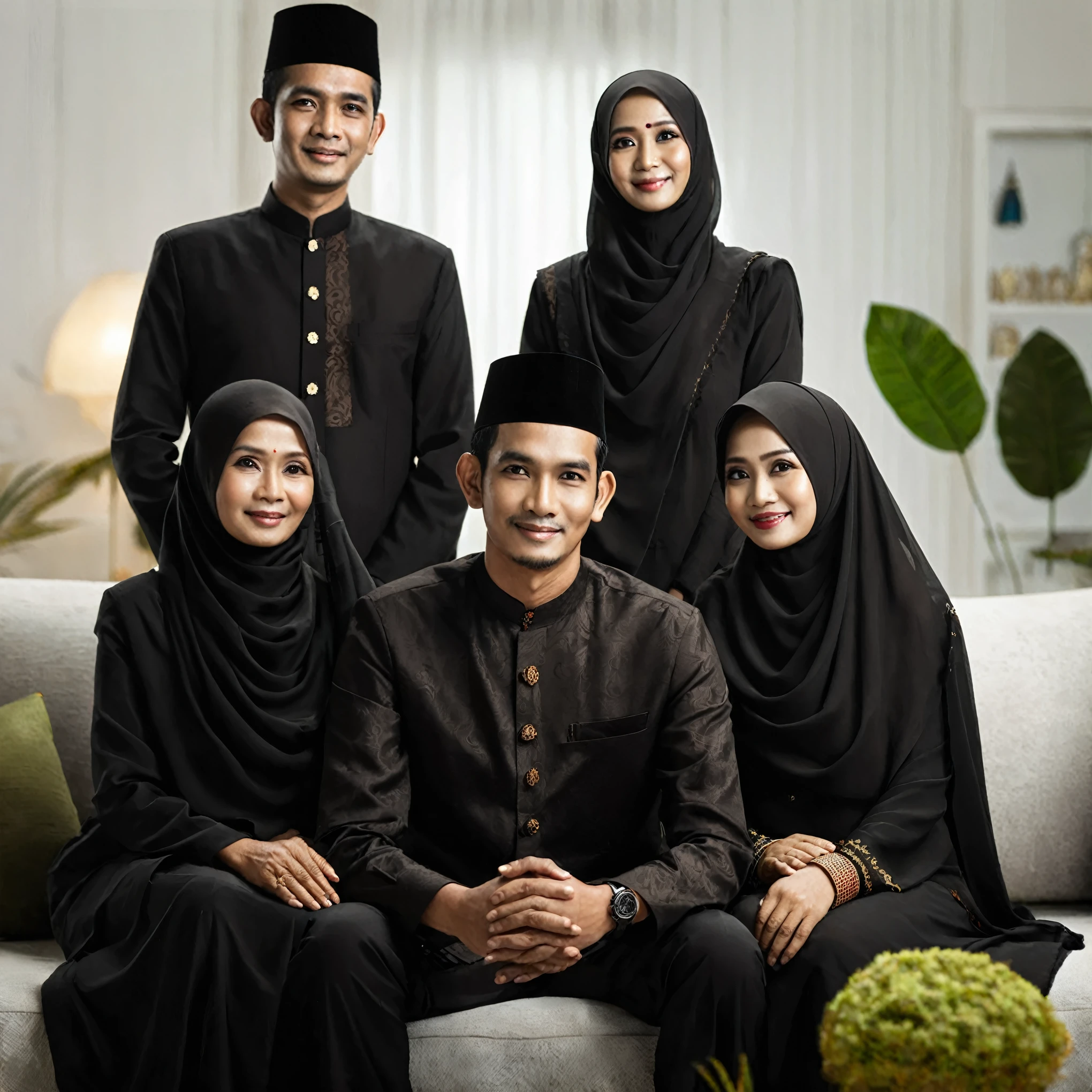 araffes wearing black clothing posing for a picture with their family, an indonesian family portrait, family portrait, malaysian, mourning family, by Basuki Abdullah, happy family, barong family, traditional clothes, traditional, muslim, traditional clothing, full protrait, portrait shot, formal attire, potrait, emir, composite, amad, in majestic, group portraits