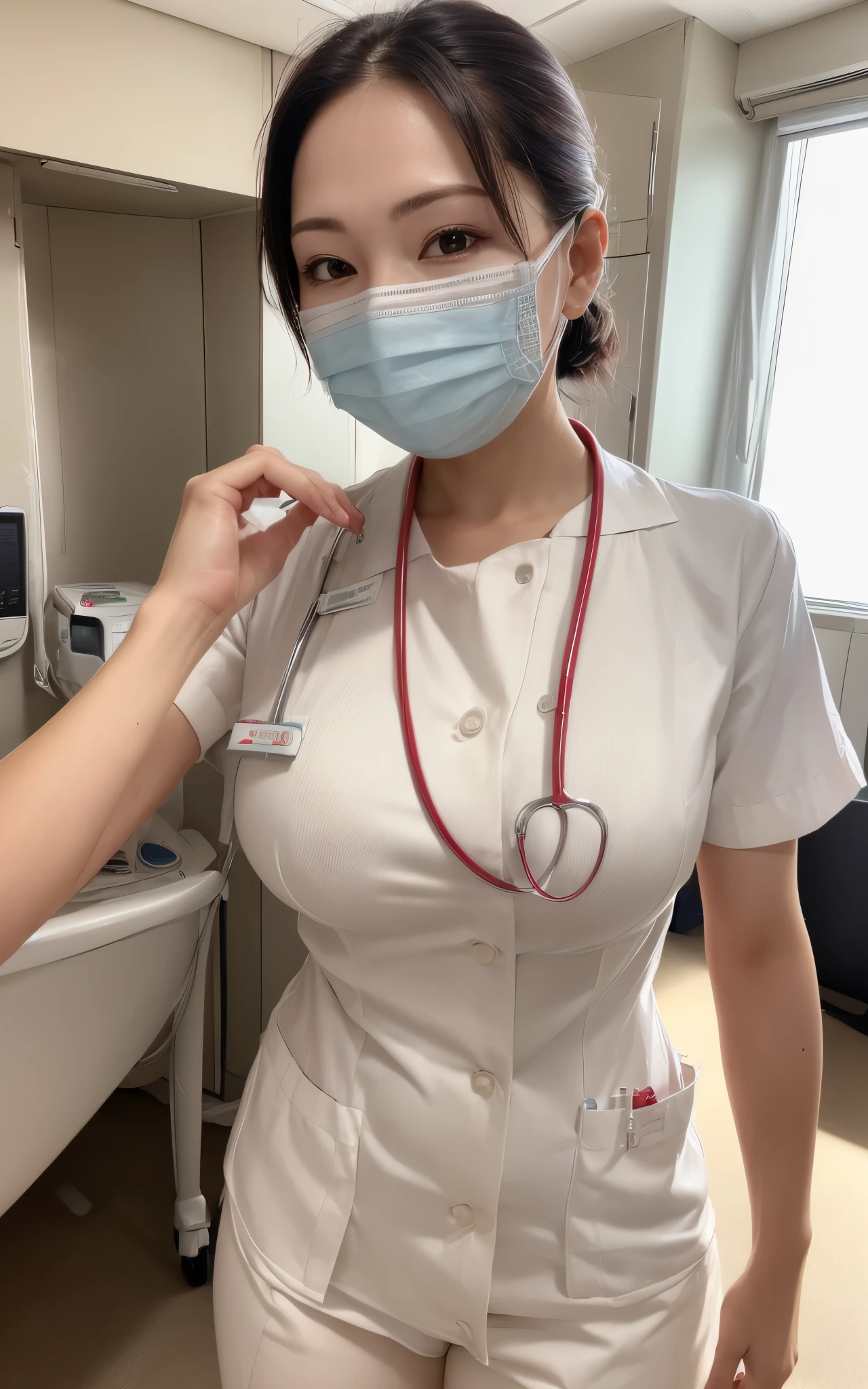 1 girl,(Wearing white nurse clothes:1.2),(RAW photo, highest quality), (realistic, photo-realistic:1.4), masterpiece, very delicate and beautiful, very detailed, 2k wallpaper, wonderful, finely, very detailed CG unity 8k wallpaper, Super detailed, High resolution, soft light, beautiful detailed girl, very detailed eyes and face, beautifully detailed nose, finely beautiful eyes, nurse, perfect anatomy, black hair, low ponytail style, ((white nurse uniform, mask)), thin, hospital, hospital room, auscultation of the neck,bob cut