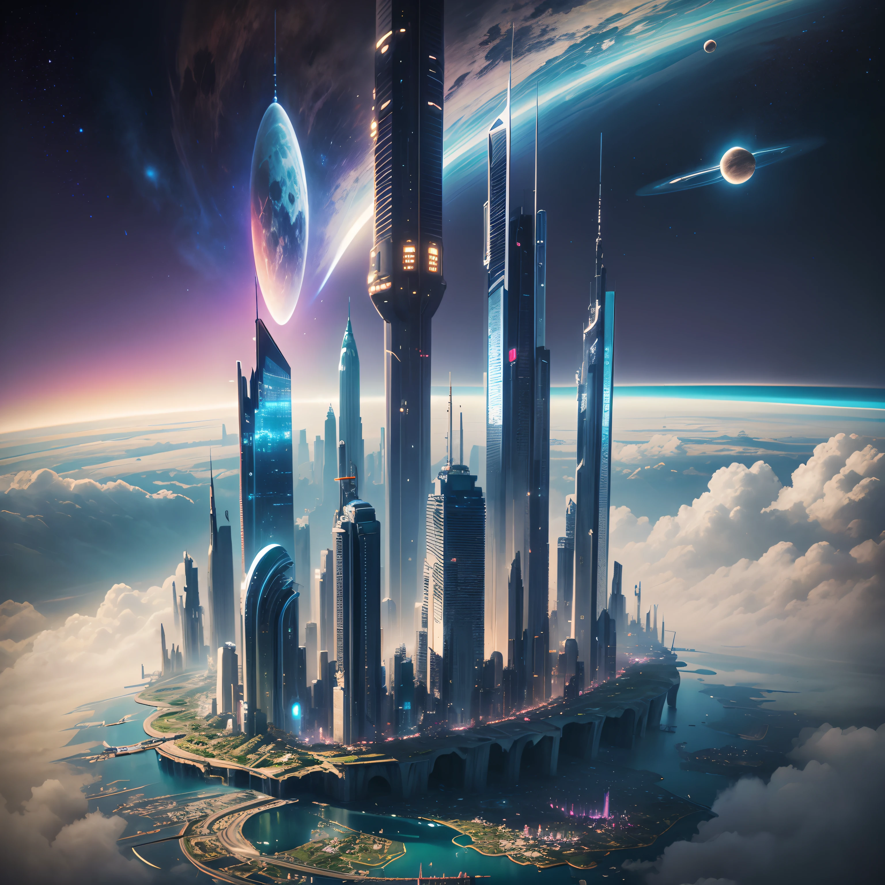 Space City、Futuristic cities、alien、floating in the universe、cyberpunked、skyscrapers line up、A space station、top-quality、​masterpiece、２４century、dream、utopian、planet earth、World of Dreams、Fantasia、𝓡𝓸𝓶𝓪𝓷𝓽𝓲𝓬、Beautiful city