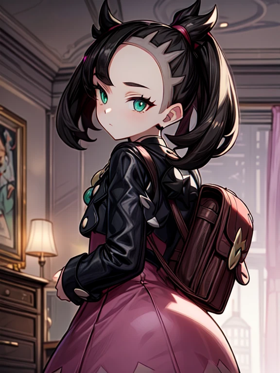 Beautiful, masterpiece, Best quality, very detailed face,  Ideal lighting, 1 Girl, One, sketch, Marnie (Pokemon), green eyes, asymmetrical bangs, backpack, bag, black necklace, black jacket, blurred, blurred background, necklace, closed mouth, dress, behind, in room, jacket, Long sleeves, I look at the viewer, looking back, from the shoulder, pink dress, red bag, One