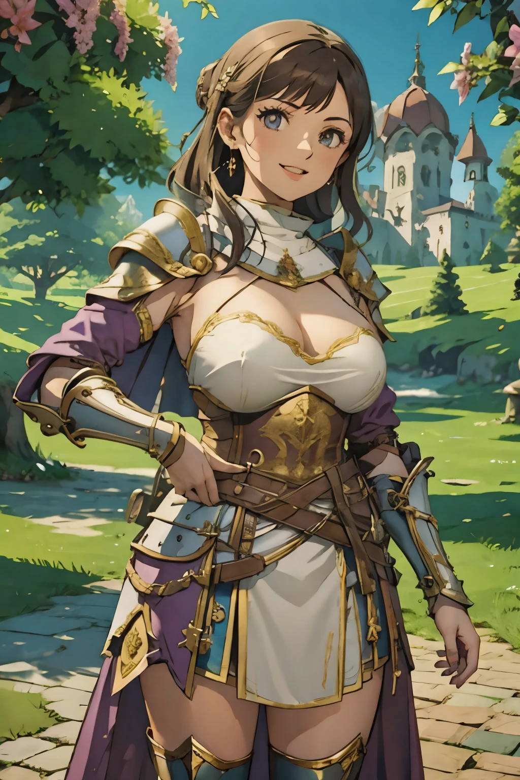 masterpiece, highest quality, Adult women,Very detailed,Rin々Nice face,Open Mouth Smile,White, pink, and purple adventurer uniform,Medieval Europe,Show your armpits,Black eyes,The dignity of a hero,tattoo,Cape,Legs visible through the skirt,Natural Beauty,Cinematic,Large Breasts,Cleavage,10 wearing armor.0,Showing from the knees up 10,Equipped with gauntlets,Equipped with breastplate