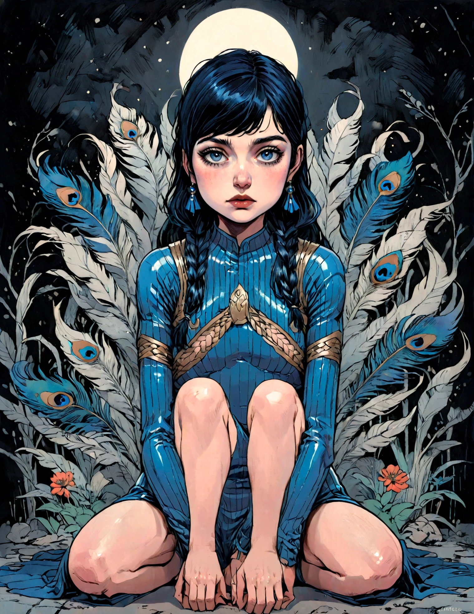 Full body portrait, young and beautiful woman in latex bodysuit (ultramarine blue) from _China_, highly detailed eyes and face, beautifully detailed eyes, beautifully detailed lips, beautiful woman, with bangs, very long straight black hair, braided into a single ponytail high on the head, (3 peacock tail feathers on head as a hair ornament: 1.55, realistic, photorealistic, natural light, glowing skin, hands on knees, (squatting with legs wide apart: 1.3), cold lighting, dark and gloomy atmosphere, cinematic lighting, dramatic, high quality, photorealistic, 8k, masterpiece, portrait photography, Chloeme