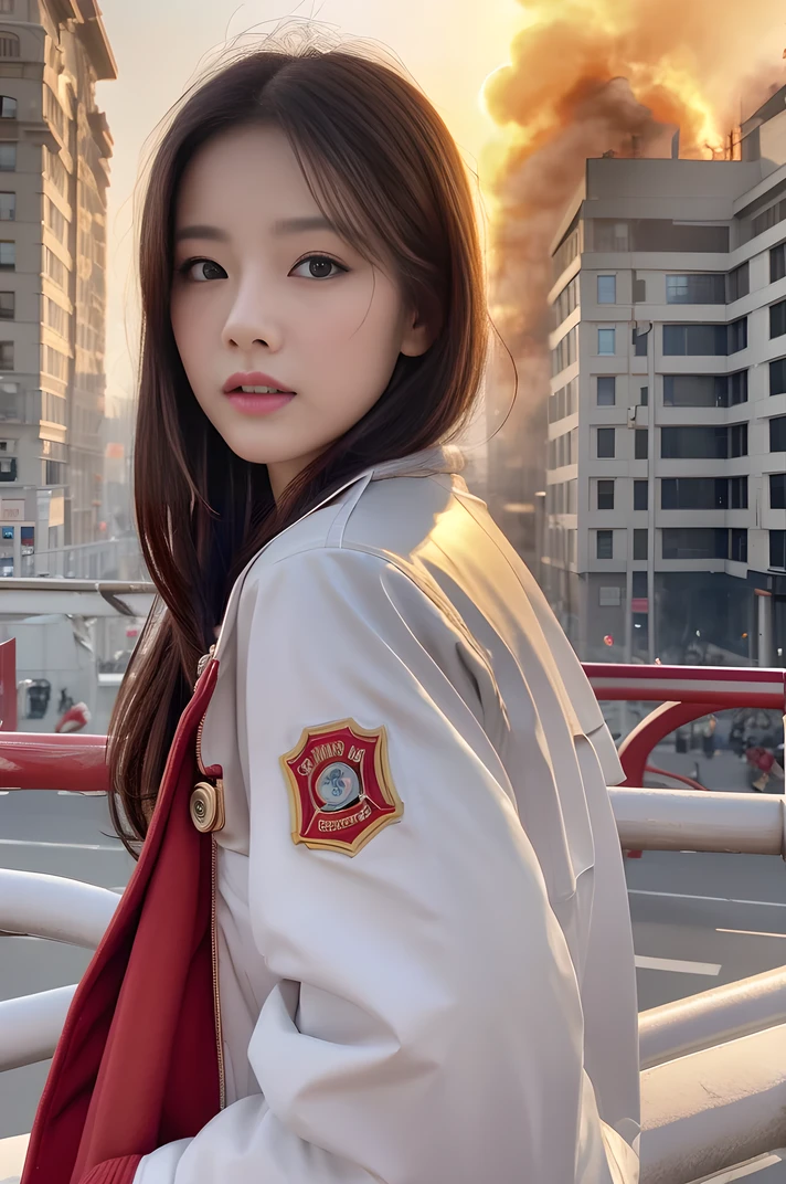 High resolution、30-year-old woman、1girl、Looking into the camera、Finish as shown in the picture、Her skin is white and beautiful、Colored inside、Wearing a jacket、red firefighter、Buildings burning in the background、Professional photography、huge 、Photorealistic、Professional Lighting、masterpiece、Very delicate and beautiful、