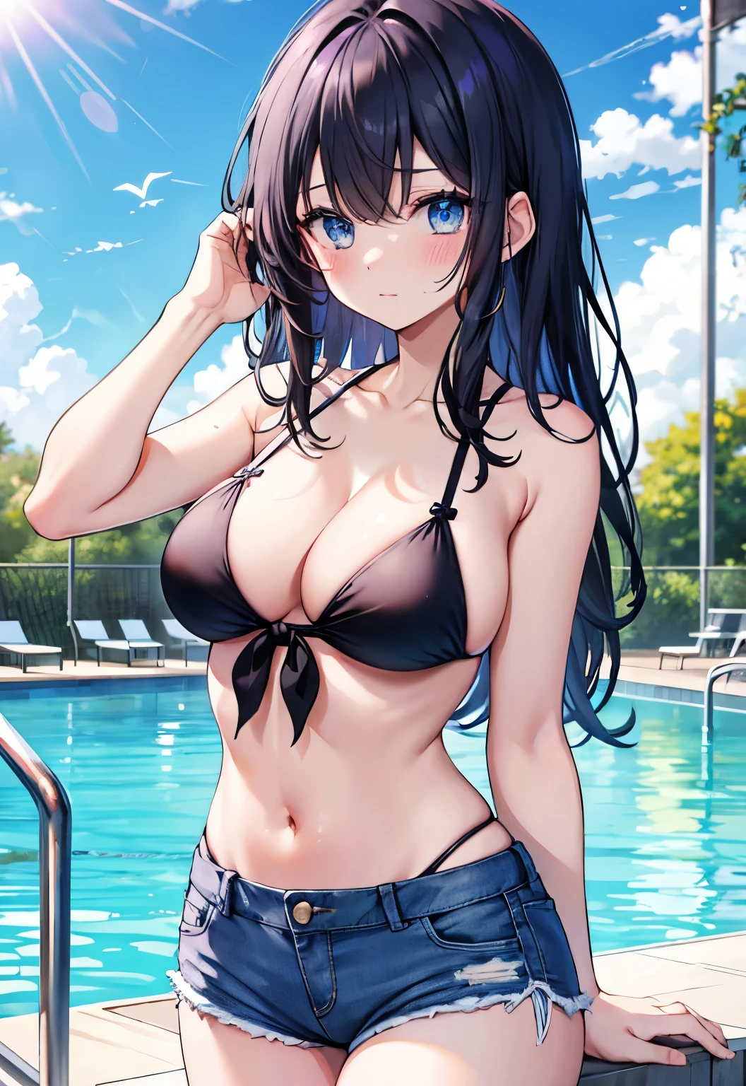 black hair，blue eyes，long hair，，blush，Large Breasts，Purple Sling Bikini，Denim shorts，Swimming pool background