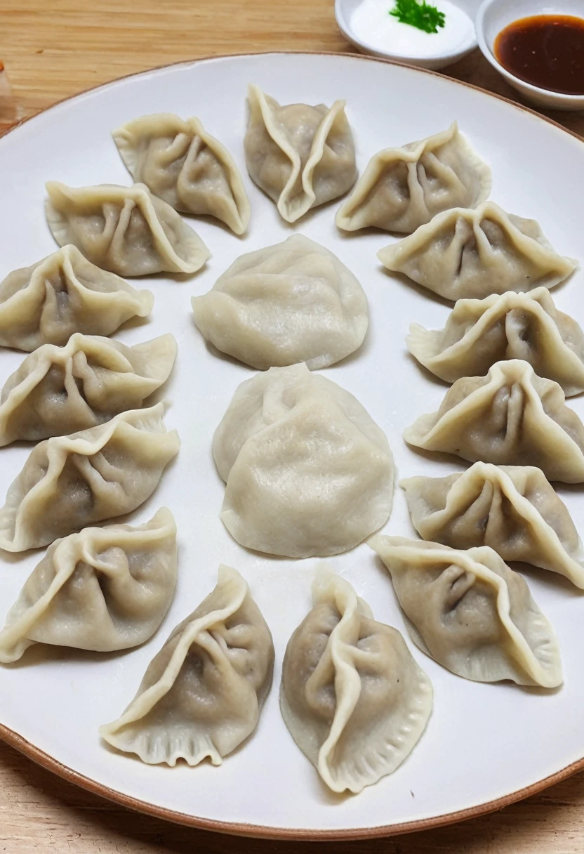 These dumplings are made from wheat flour dough that is rolled out thinly and shaped into a neat semicircular shape..、Gyoza dumplings with browned exterior、Please draw steam、Please arrange them in a row on the plate.、Please pour sauce on it.