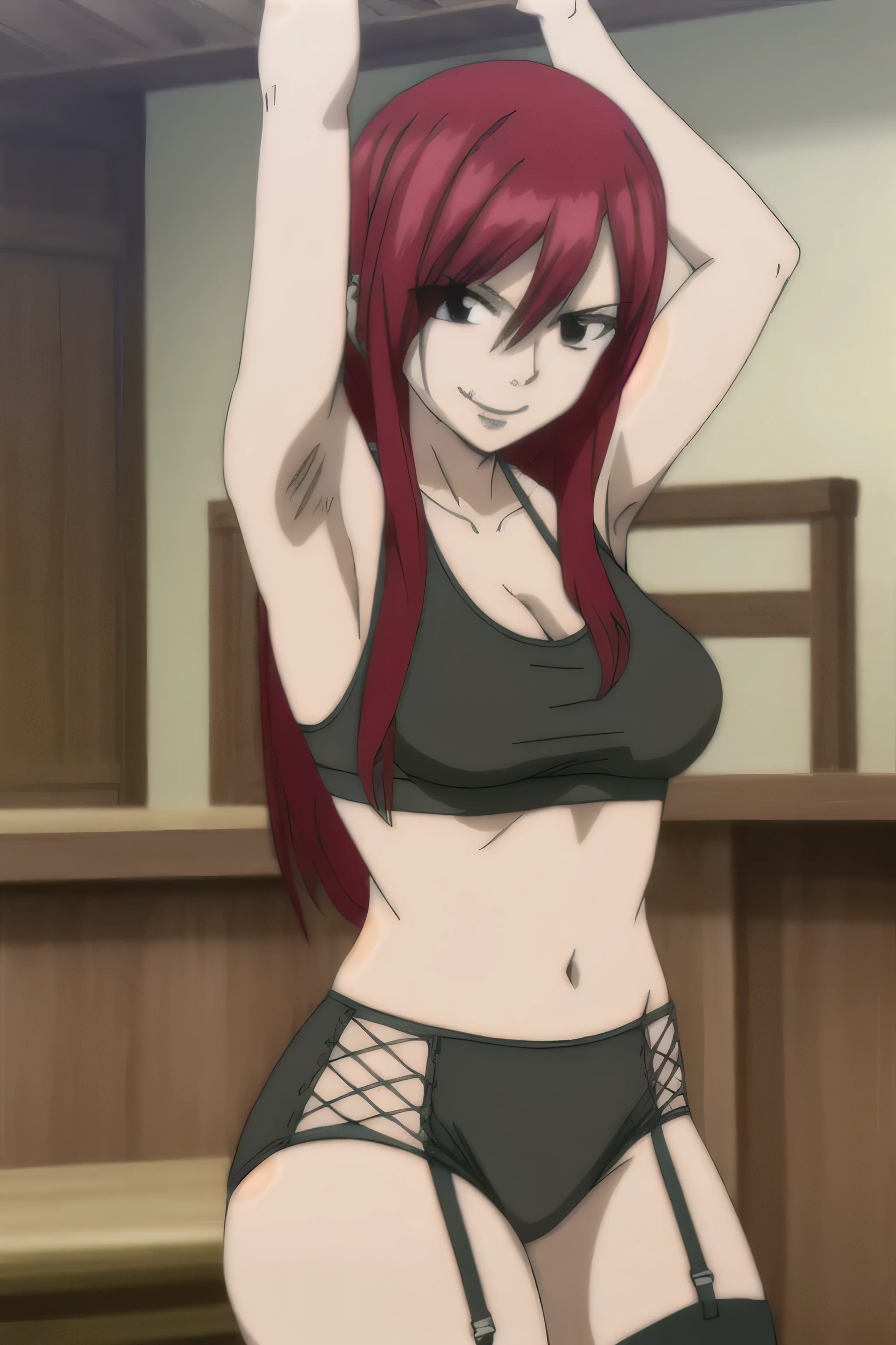 (masterpiece, best quality), intricate details, (masterpiece), (best quality:1.0), (ultra highres:1.0), detailed eyes, detailed clothing texture,
1girl, erza scarlet, long hair, (red hair:1.5), hair between eyes, (brown eyes:1.1),
indoors, smug, sweating, bare legs, bare midriff, arms up, armpits, latex, sports bra, panty, stockings, garter belt, cowboy pose, looking at viewer, thighs, smiling, knees,