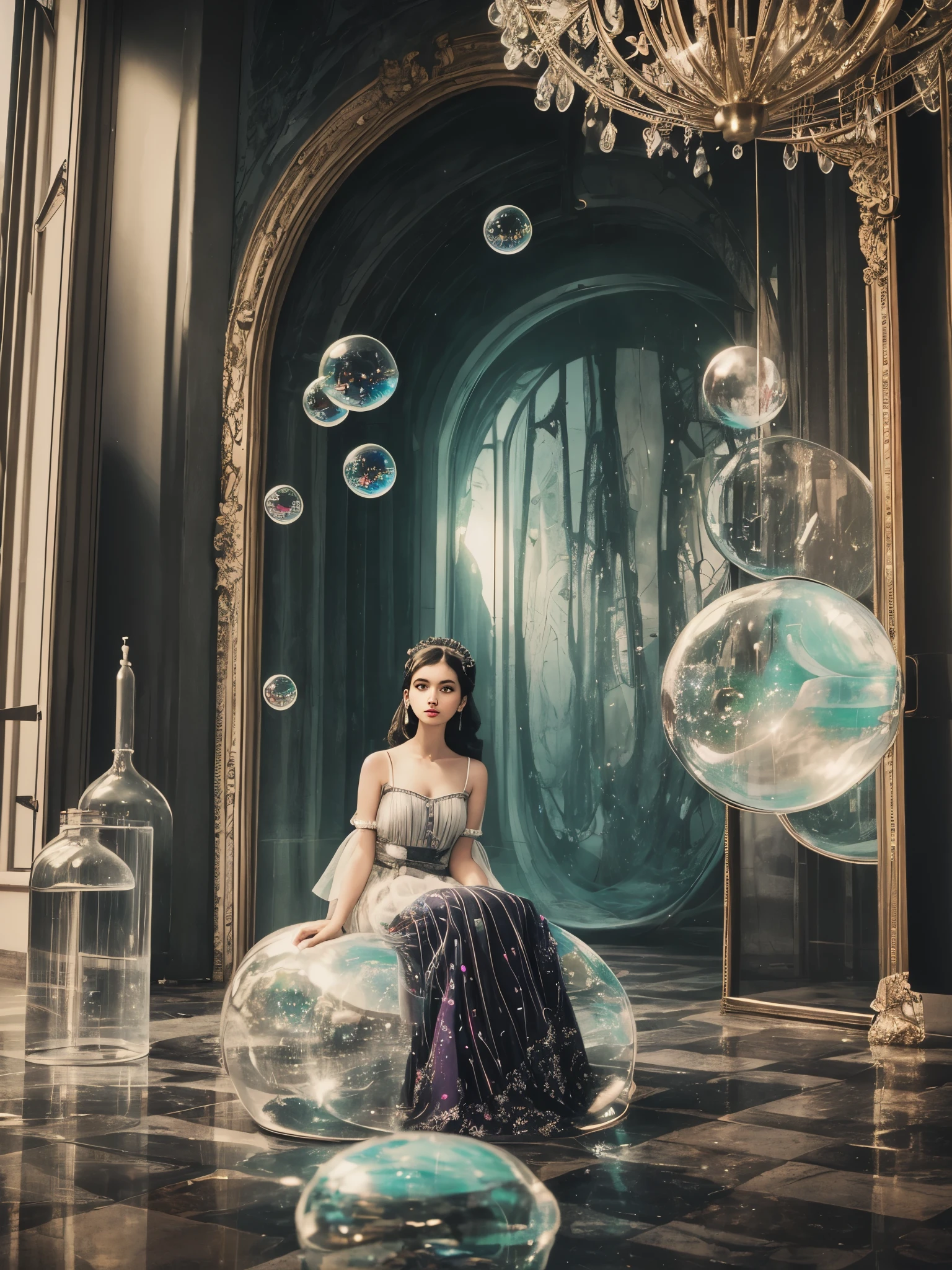 **Surrealism, dream-core, vintage fashion, editorial, abstract art, emptiness, bubbles and glassess, less color involved, faded, natural sunlights, fairyland with oceans, minimalism. --ar 16:9 --9 2 --s 750**