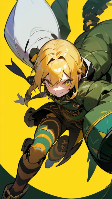 (highest quality, High resolution, Ultra-detailed), (Realist: 1,37), Humanoid scorpion, woman, Yellow Hair, Cheerful look, A little smile,Highly detailed scale, vivit color background, Sharp focus, well-proportioned body, Martial Artist's Body, Green jacket with yellow stripes
