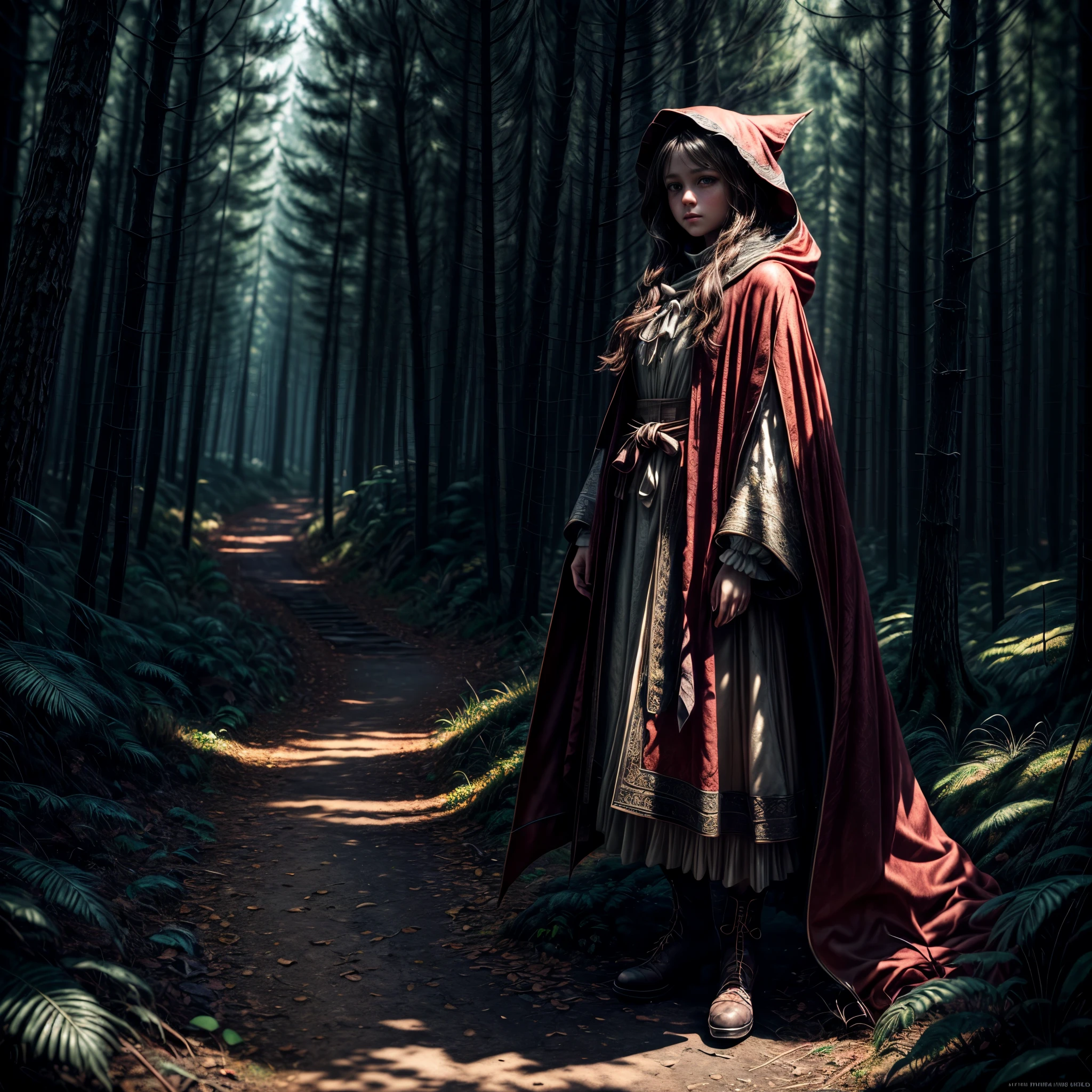 8K, Best Quality, Masterpiece, Ultra High Resolution, (highly detailed CG unity 8k wallpaper), (best illustration), (best shadows), isometric 3D, octane rendering, ray tracing, highly detailed, (wide panoramic view: 1.1), Realistic hands. Blurred foreground. [(detailed), (detailed skin),《Girl in red cloak with wolf in dark forest》Detailed digital painting, a photorealistic painting, artsy photography]