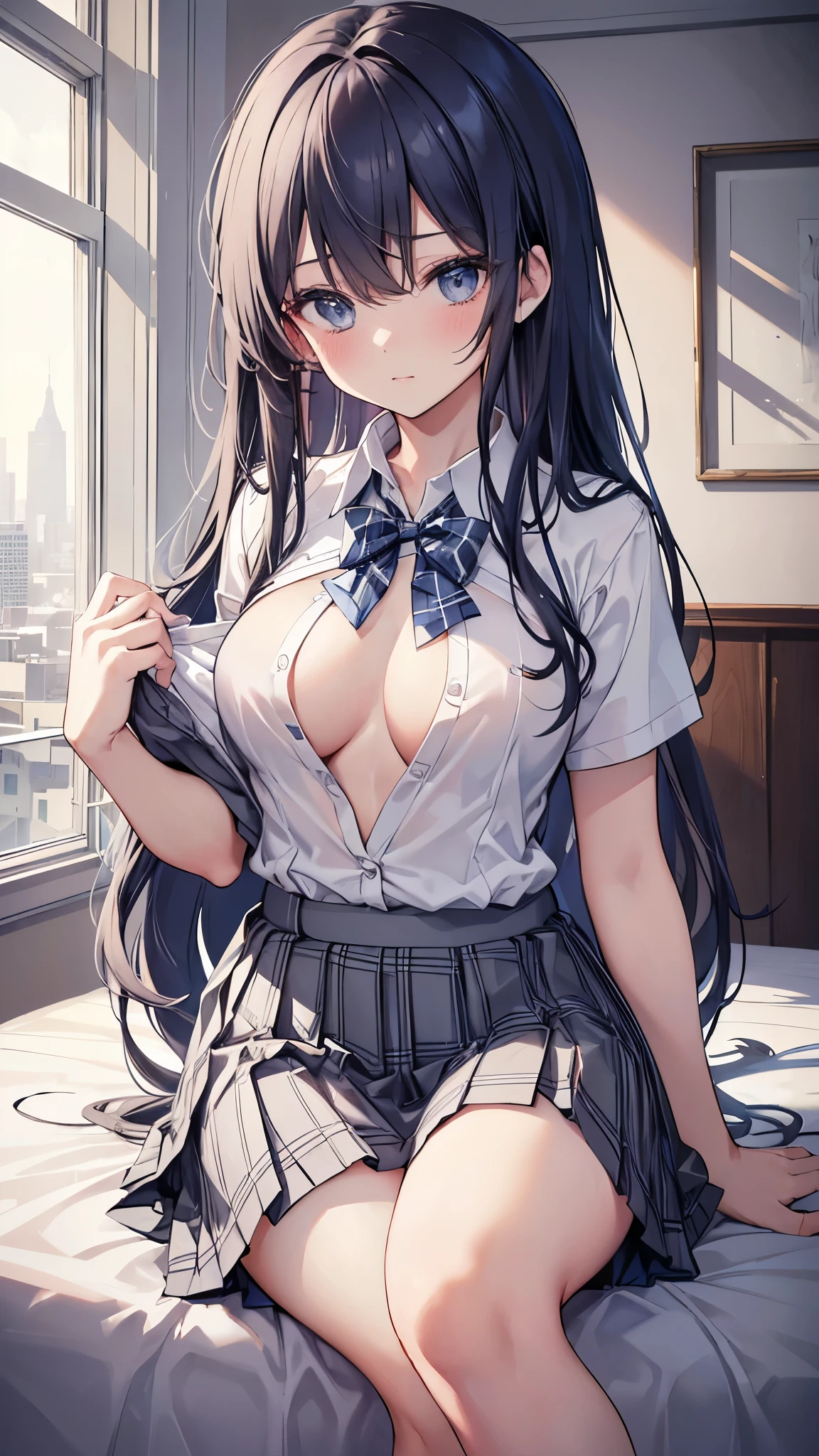 A woman in uniform is sitting on a bed One Girl、Changing clothes、Open shirt、high school girl, (Long Hair:1.5), Hair fluttering, (Hime cut), bangs, Hair between the eyes, Big Breasts:0.8, Beautiful Hair, Beautiful Face, Beautiful fine details, Beautiful clavicle, Beautiful body, Beautiful breasts, Beautiful thighs, Beautiful feet, Beautiful fingers, (Beautiful views), ((Collared short-sleeved shirt, White shirt, , Grey plaid pleated skirt, Blue checked bow tie)), Leopard Print Lingerie、solo、For rest、High Resolution、Absurd