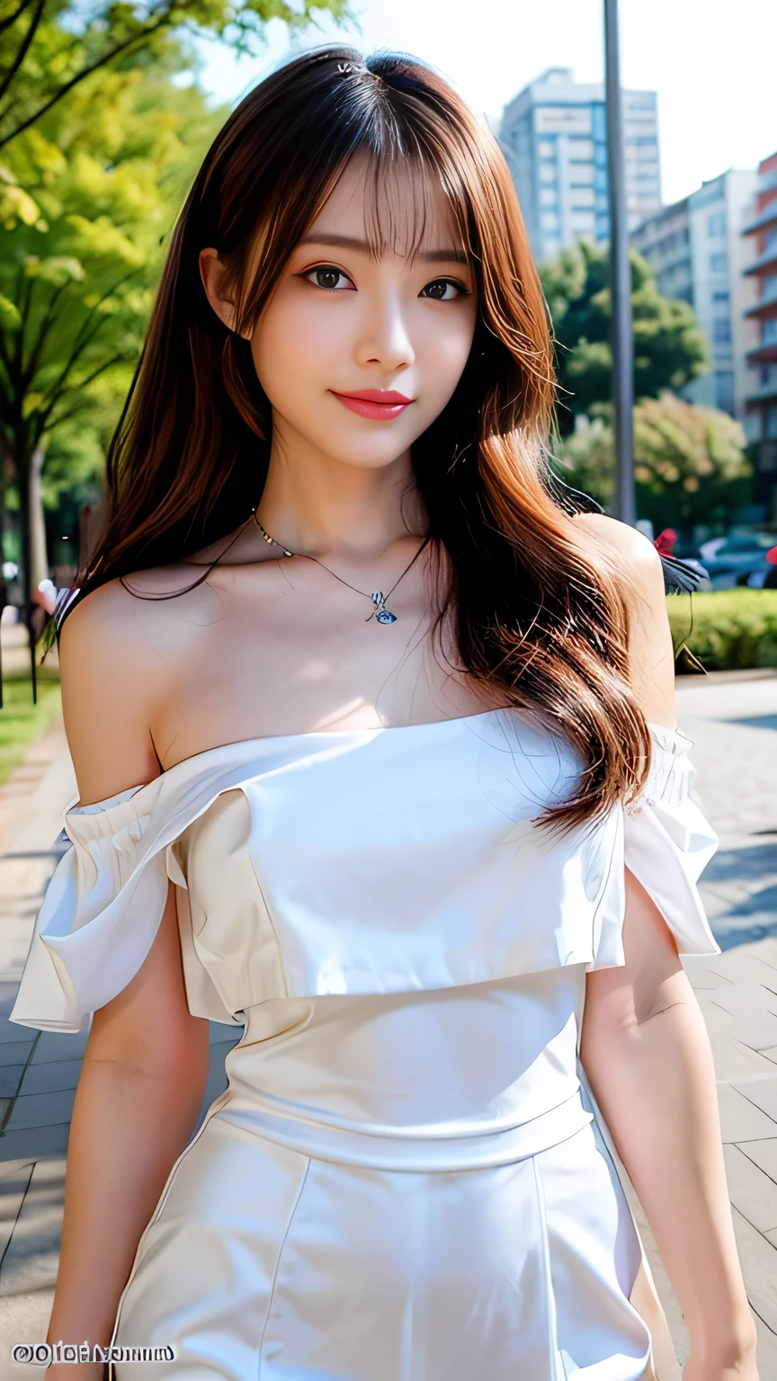 ((Full Body Angle:1.1)),((highest quality, 8K, masterpiece: 1.3)), concentrated: 1.2,Front hair:1.3, Cute girl 1,Nipples erect、 Perfect beauty: 1.4,Off-the-shoulder blouse、Bodycon mini skirt with diagonal design: 1.2,Randall Color、comics&Text Graphics、Black,1.1, Highly detailed face and skin textures, Fine grain, double eyelid, whitening skin, ,highest quality,Ultra-high resolution,you,1 girl,alone,_Shiny_skin,Iris,necklace,((Brown_length_Wavy_hair)),(lips)),eyelash,Front hair,deal with,compensate,Shiny,pore,skin texture,Large Breasts、smiling face、Walking in the park、(Front hair;1.2)、