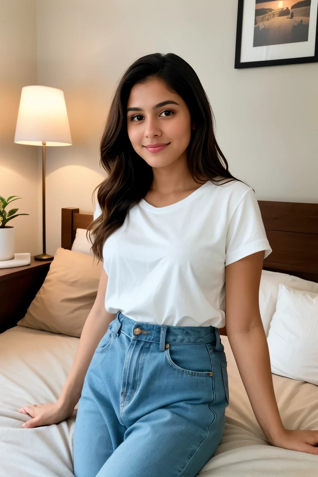 A highly detailed and realistic portrait of a 22-year-old Latina woman, captured from the waist up. She has hazel eyes, medium brown skin, and is illuminated with high-quality, soft frontal lighting. She is facing the camera with a neutral, confident expression. The background shows her cozy bedroom, decorated with personal items such as books, plants, and art on the walls. The room features a bed with a colorful duvet, a desk with a lamp, and shelves with various decorations. The overall ambiance is warm and inviting. The portrait emphasizes natural skin texture, realistic lighting, and depth, with lifelike colors and high definition. The scene is rendered in ultra-high resolution, ensuring a lifelike appearance with professional-level quality. Photorealistic, 4K.