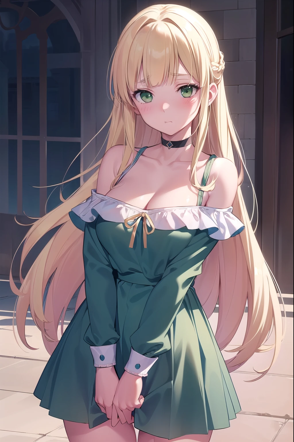 Blonde Hair, choker, (Green Eyes:1.5), Long Hair, break bare shoulders, scool uniform , blush, blush stickers, Cleavage, clavicle, Have, Off the shoulder, (Blue clothes:1.5), break looking at viewer, break outdoors, city, break (masterpiece:1.2), highest quality, High resolution, Unity 8k, (figure:0.8), (Beautiful fine details:1.6), Highly detailed face, Perfect lighting, Highly detailed CG, (Perfect hands, Perfect Anatomy),(Shadowed face, Despair, anxiety, Haa, Blush all over face, Embarrassing)