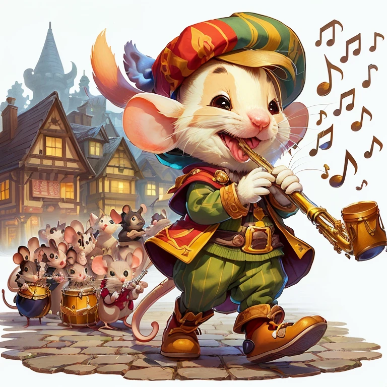 Cartoon mouse blowing a trumpet in front of a group of mice, rat tribe, Official Artwork, MapleStory Mouse, Anthropomorphic mouse, mouse with drum, mouse holding drum, Official illustrations, an Anthropomorphic mouse, Official Art, Anthropomorphic mouse, game illustration, cute Storybook illustration, Official character illustrations, disney artist, Storybook illustration
