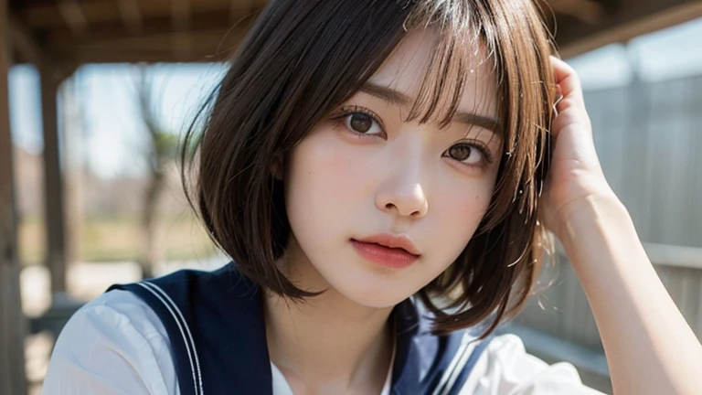 (Bob Cut Hair:1.2),(Wearing school uniform:1.2),1 girl,Japanese,21 years old,(Small breasts:1.3),(highest quality,masterpiece:1.3,超A high resolution,),(Ultra-detailed,Caustics),(Photorealistic:1.4,RAW shooting,)Ultra-Realistic Capture,Very detailed,High resolution 16K human skin close-up。 Natural skin texture、,Pores、、It needs to be detailed enough to be easily identifiable。 Skin should be even-toned and healthy looking。 Use natural light and colour, Sad expression, Looking at the camera, Perfect dynamic composition, Outdoor