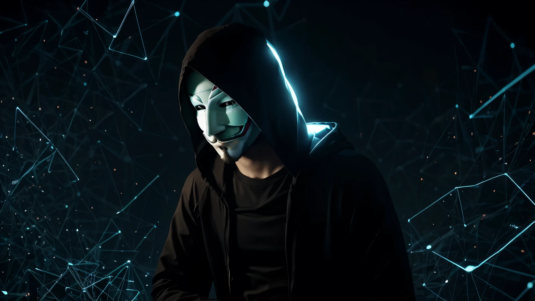Anonymous hacker, surrounded by a network of glowing data.