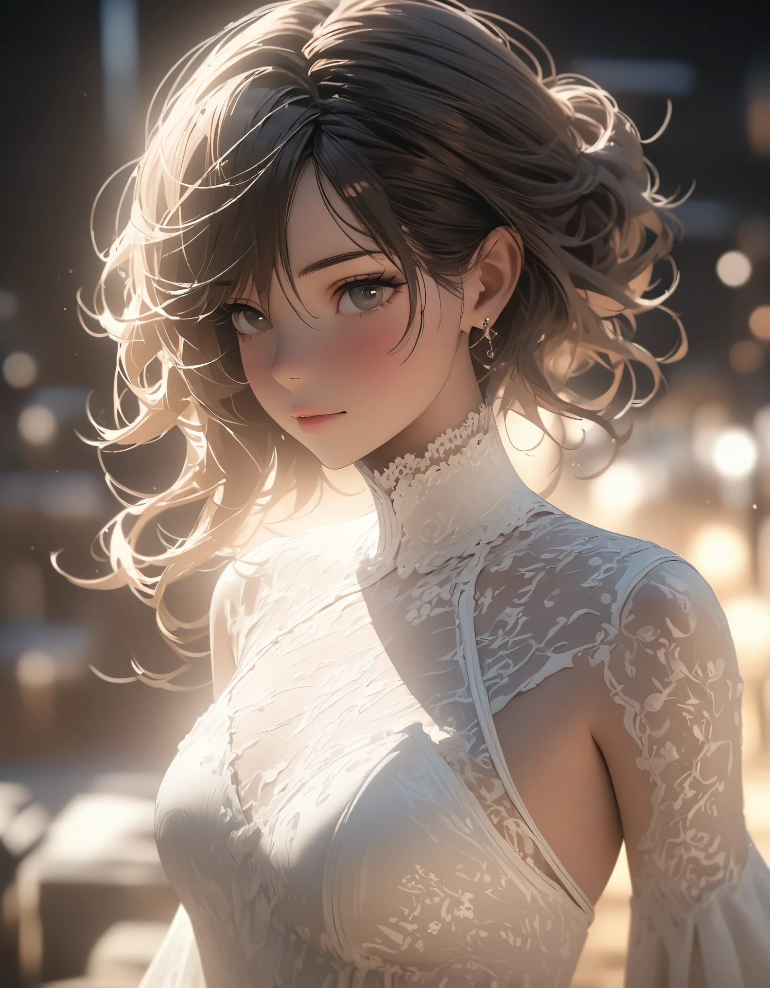 Beautiful Commoners、Perfect Face、Loose depiction、Eyes are hollow focus、Rough、White lace high neck、Holding hands、Overlooking from afar、close、Rim light transparent special effect，Full body portrait，OC Renderer，Octane Renderer，Pure White Background， High detail, 4K, masterpiece.