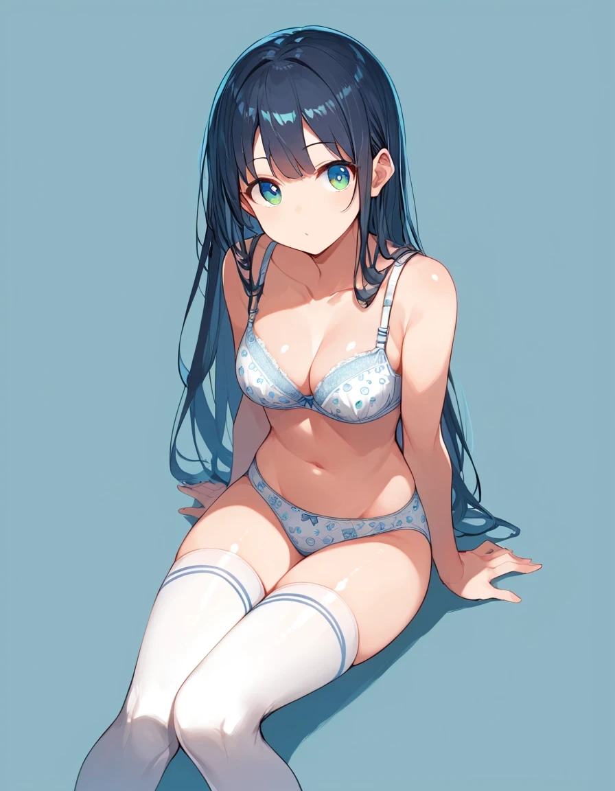score_9, score_8_up, score_7_up, source_anime, highres image, masterpiece, best quality, ultra-detailed, 8K, cute face, clean skin, shiny hair, girl, ultra-detailed-eyes, simple background, jyojipan, underwear, print panties, bra, thighhighs, sitting