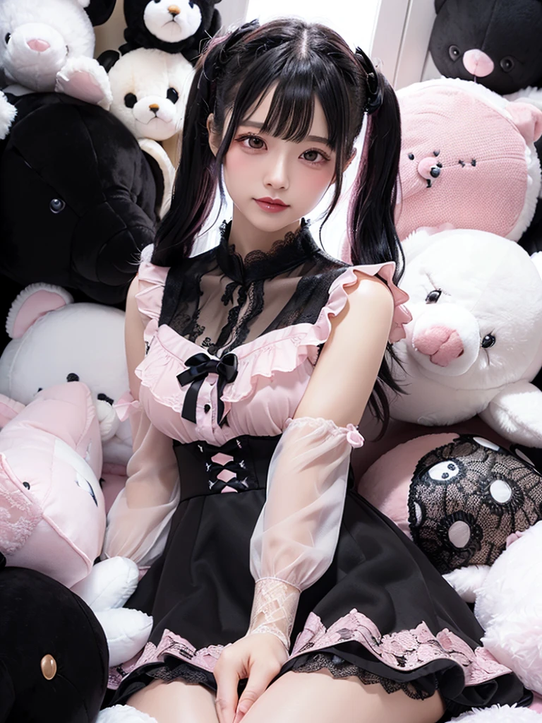 ((highest quality)),(超A high resolution),(Very detailed),(Detailed Description),((The best CG)),(masterpiece),Very detailedなアート、Whitening 1.5、(((Whitening 1.5)))、(((Small breasts 1.2)))、(((Pink and black lace dress 1.5)))、hair ornaments、Twin-tailed hairstyle 1.0、Glitter Necklace、Ultimate Beauty 1.5、(((Black Hair 1.5)))、Gentle smile 1.2、(((Surrounded by countless stuffed animals 1.5)))