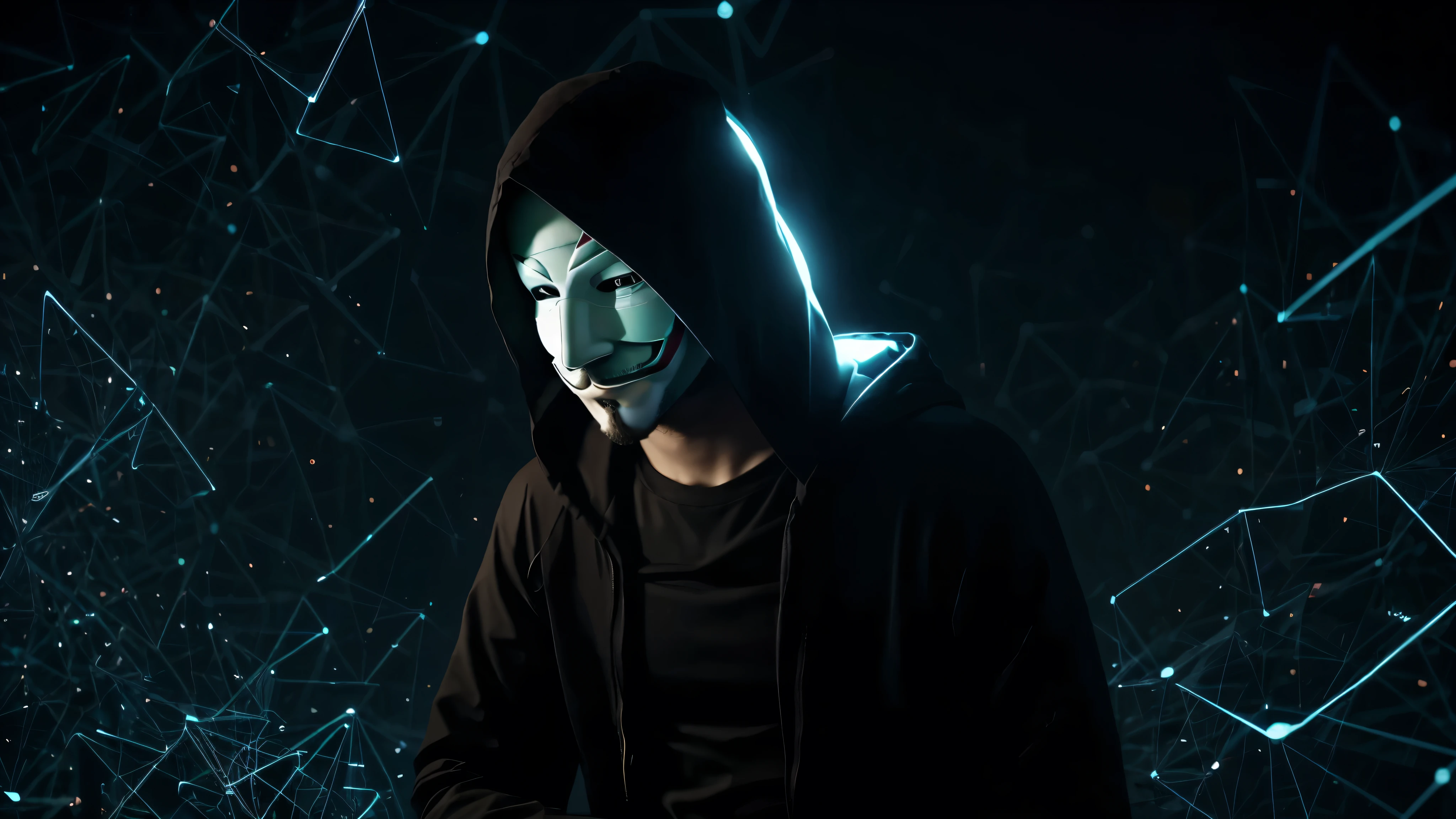 Anonymous hacker, surrounded by a network of glowing data.