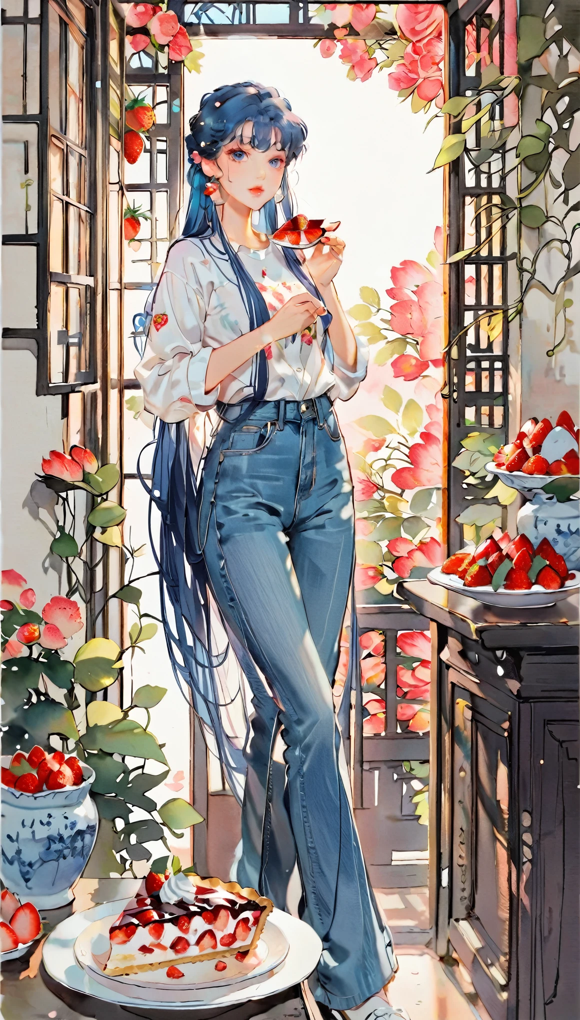 (((paper cutting style))), 1 girl, blue hair, straight long hair, portfolio, shirts, denim, strawberry pie