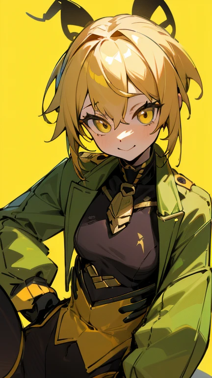 (highest quality, High resolution, Ultra-detailed), (Realist: 1,37), Humanoid scorpion, woman, Yellow Hair, Cheerful look, A little smile,Highly detailed scale, vivit color background, Sharp focus, well-proportioned body, Martial Artist's Body, Green jacket with yellow stripes