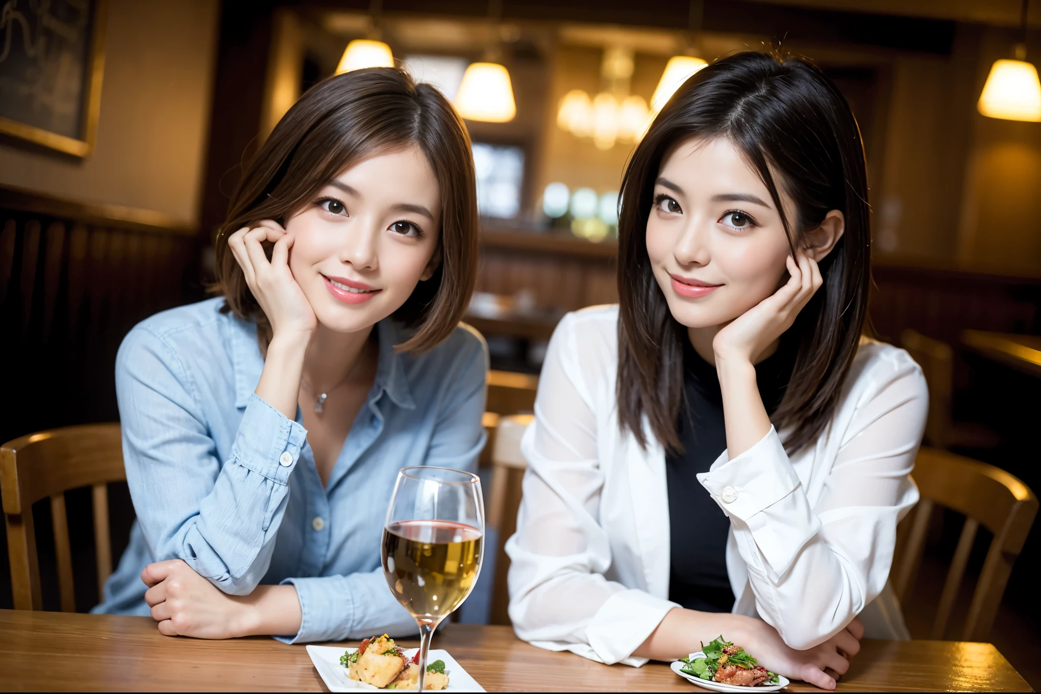 ((highest quality、8k、masterpiece:1.3))、Satomi Ishihara lookalike beauty、1 male、1 female、Couple、Spouse、half、The body is slim、((Bob Hale、Straight hair:1.2)), (Realistic, Intricate details:1.2), Wine glass on the table、Shine light on your face、 Amazing view of the sunset sky and clouds、Amazing mountain views、A bright smile、The wonderfulness of smile、Bright image、The beauty of wine, Beautiful Face, blue eyes, The light shines on your face, Blushing, short hair,Bright Face、 (Age 37), 39 years old, red wine 、Appetizers、Italian food、Wine bottle、Champagne、sparkling wine、Two beauties、Brown Hair、Shortcuts、Long sleeve shirt、dress、Pretty Woman 1, (Slim face), (The body is slim), (Brown Hair), (Shortcuts), cheeks turn a little red,Attractive beauty、restaurant, In a prominent place (From the waist up) Nova Frog Style, actress, model, Upper Body, White wine, slim, wine glass, A wine glass placed in the center, smile, (smile: 1.15), Beautiful fine grain, Depth f/2,saturation, High Contrast, Strong light and shadow,Moist Body:1.5、3D texture、Delicate eyes、Brown Hair、The hair is very shiny、