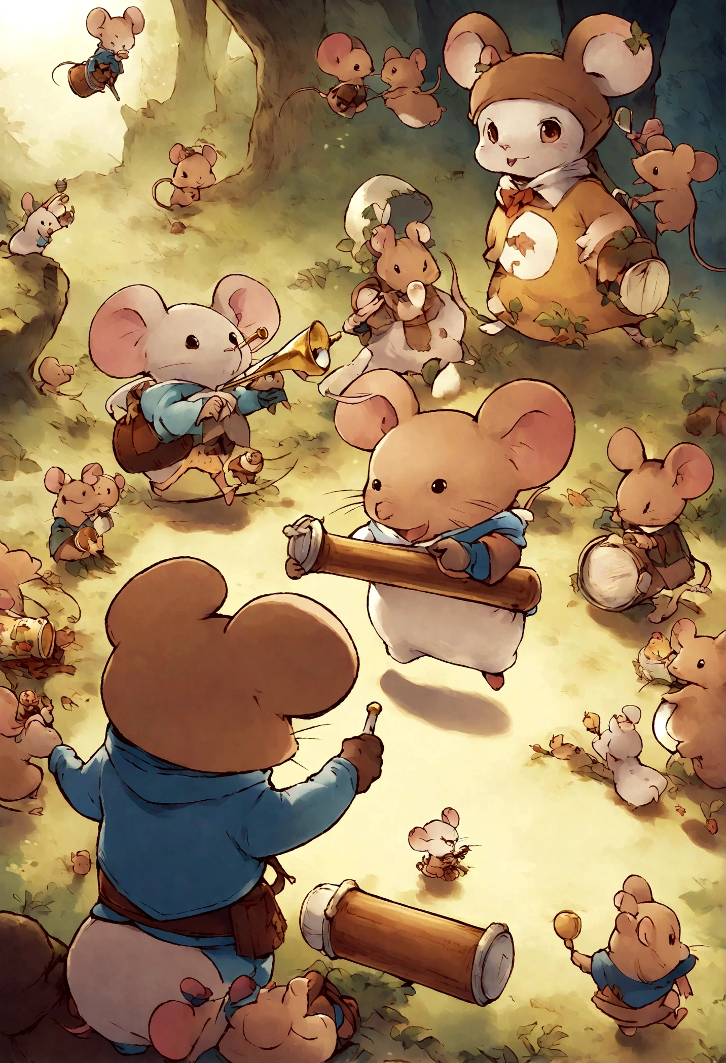 Cartoon mouse blowing a trumpet in front of a group of mice, rat tribe,, MapleStory Mouse, Anthropomorphic mouse, mouse with drum, mouse holding drum, Anthropomorphic mouse, Storybook illustration, Official character illustrations,  Storybook illustration