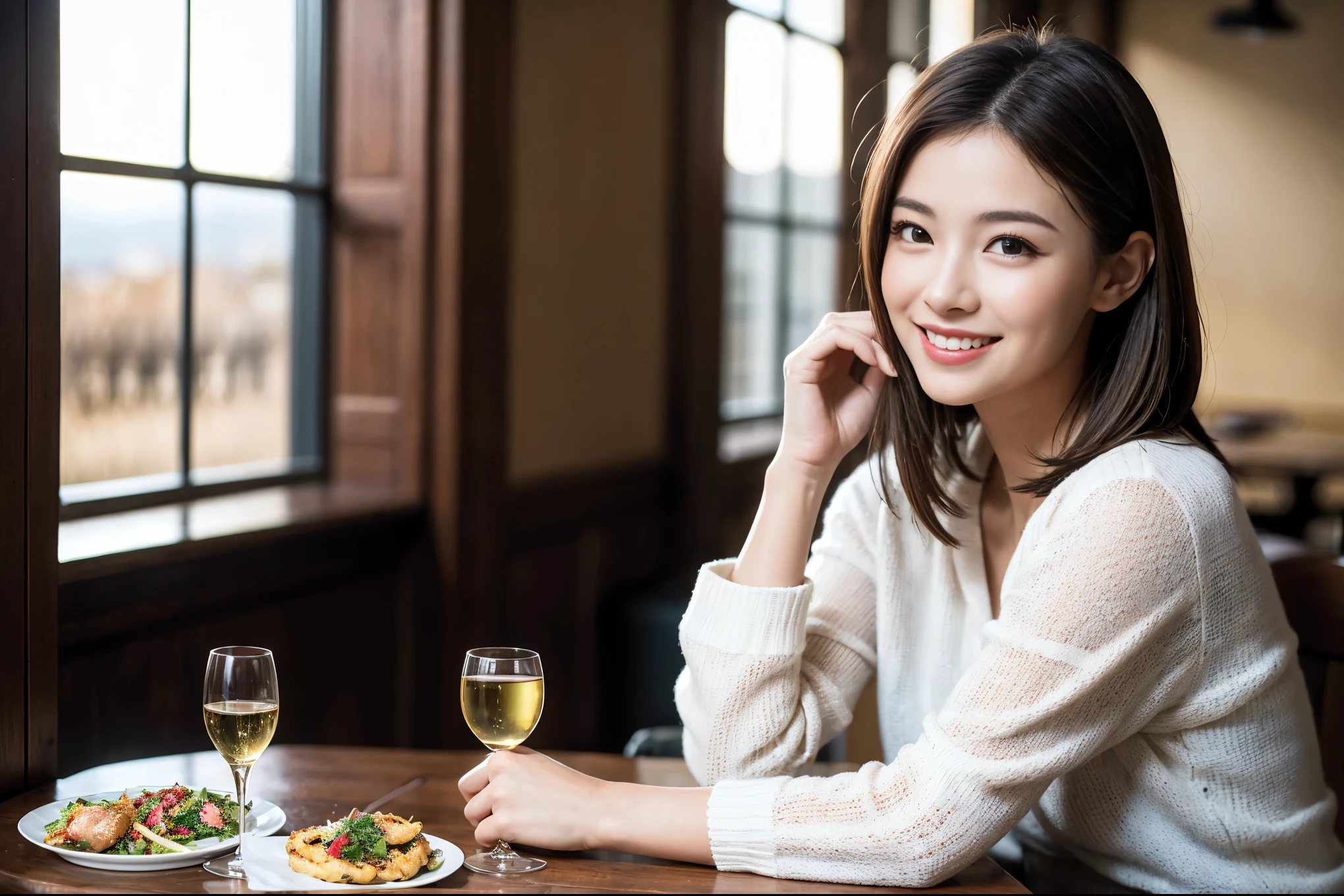 ((highest quality、8k、masterpiece:1.atomi Ishihara lookalike beauty、1 male、1 female、Couple、Spouse、half、The body is slim、((Bob Hale、Straight hair:1.2)), (Realistic, Intricate details:1.2), Wine glass on the table、Shine light on your face、 Amazing view of the sunset sky and clouds、Amazing mountain views、A bright smile、The wonderfulness of smile、Bright image、The beauty of wine, Beautiful Face, blue eyes, The light shines on your face, Blushing, short hair,Bright Face、 (Age 39 years old, red wine 、Appetizers、Italian food、Wine bottle、Champagne、sparkling wine、Two beauties、Brown Hair、Shortcuts、Long sleeve shirt、dress、Pretty Woman 1, (Slim face), (The body is slim), (Brown Hair), (Shortcuts), cheeks turn a little red,Attractive beauty、restaurant, In a prominent place (From the waist up) Nova Frog Style, actress, model, Upper Body, White wine, slim, wine glass, A wine glass placed in the center, smile, (smile: 1.15), Beautiful fine grain, Depth f/2,saturation, High Contrast, Strong light and shadow,Moist Body:1.5、3D texture、Delicate eyes、Brown Hair、The hair is very shiny、