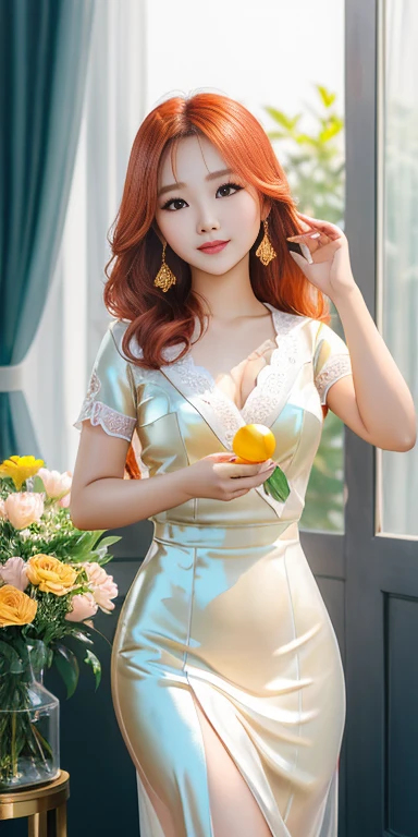 ((lifelike:1.2)), ((masterpiece:1.2)), ((Highest quality image)), ((not NSFW)), ((8K)), CG, HD, ((high solution và tương phản)), ((Super nice graphics)), ((professional)), ((màu sắc detail và rực rỡ)), ((Super smooth image)), ((Advanced photography techniques)), ((RAW thật)), ((Kết cấu ảnh perfect)); Complex lighting, yellow-black rays, ((Face lighting));
((very beautiful girl, asian mixed idol model));
((Girl wearing a silk dress rents flowers, Leaves, birds, colourful));
glossy pink lips, phấn mắt hồng, eyelash, blush, mỹ phẩm, aa bright white, lỗ chân lông detail, da stretch the ball, da stretch the ball; bàn tay perfect, spotless; ivory white skin, ruddy, stretch the ball, shiny;
golden red hair, smooth, floating in the sunlight, detail;
blue eyes, charming, ((trang điểm high solution)), true, ((damp)), detail, phấn mắt hồng; 
two delicate eyelids, đẹp perfect, detail, eyelash đen;
Arched eyebrows, dear, high solution, detail;
khuôn mặt xinh đẹp và perfect, holiness, light makeup, cân đối perfect, đẹp đến từng detail, ((shiny)), mỹ phẩm;
Beautiful nose, lovely, cao, detail;
blush, prominent cheekbones, detail;
đôi môi charming, glossy pink lips;
Bright smile, pure white teeth, detail;
beautiful hands, perfect, ((error-free)), no disability;
cơ thể siêu perfect, full of life;
big and plump breasts, Raised nipples, Deep chest slit, toning, detail, tight bra;
mông nở nang, shiny, tight underwear;
sunlight ((lấp Leavesnh)), ((illuminate the girl&#39;s body));