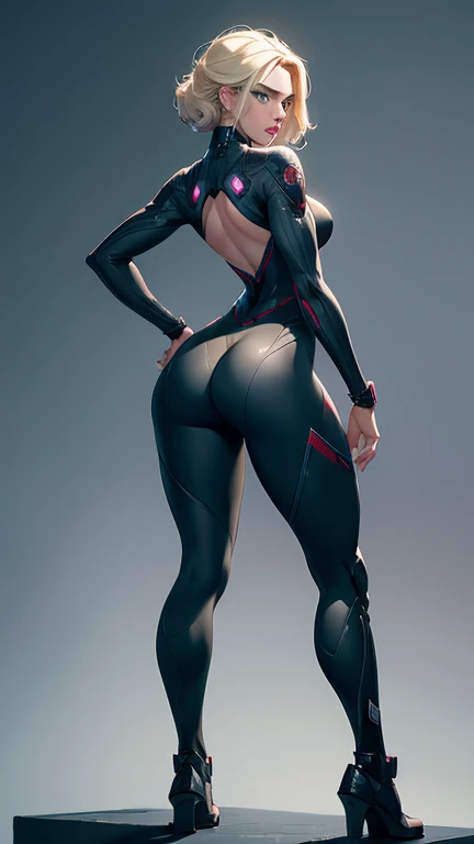 (masterpiece),(Full Body View),(Scarlett Johansson),(Short Platinum Blonde Hair),(Detailed ),(Detailed Green Eyes),(Detailed Nose),(Detailed Lips), toned back, wide ,(Detailed Thighs),(Athletic Figure), Assertive Posture: Standing with her back straight and shoulders back, Black Widow's tight suit accentuates the shape of her . With a poised stance and a commanding presence, she radiates confidence and strength.