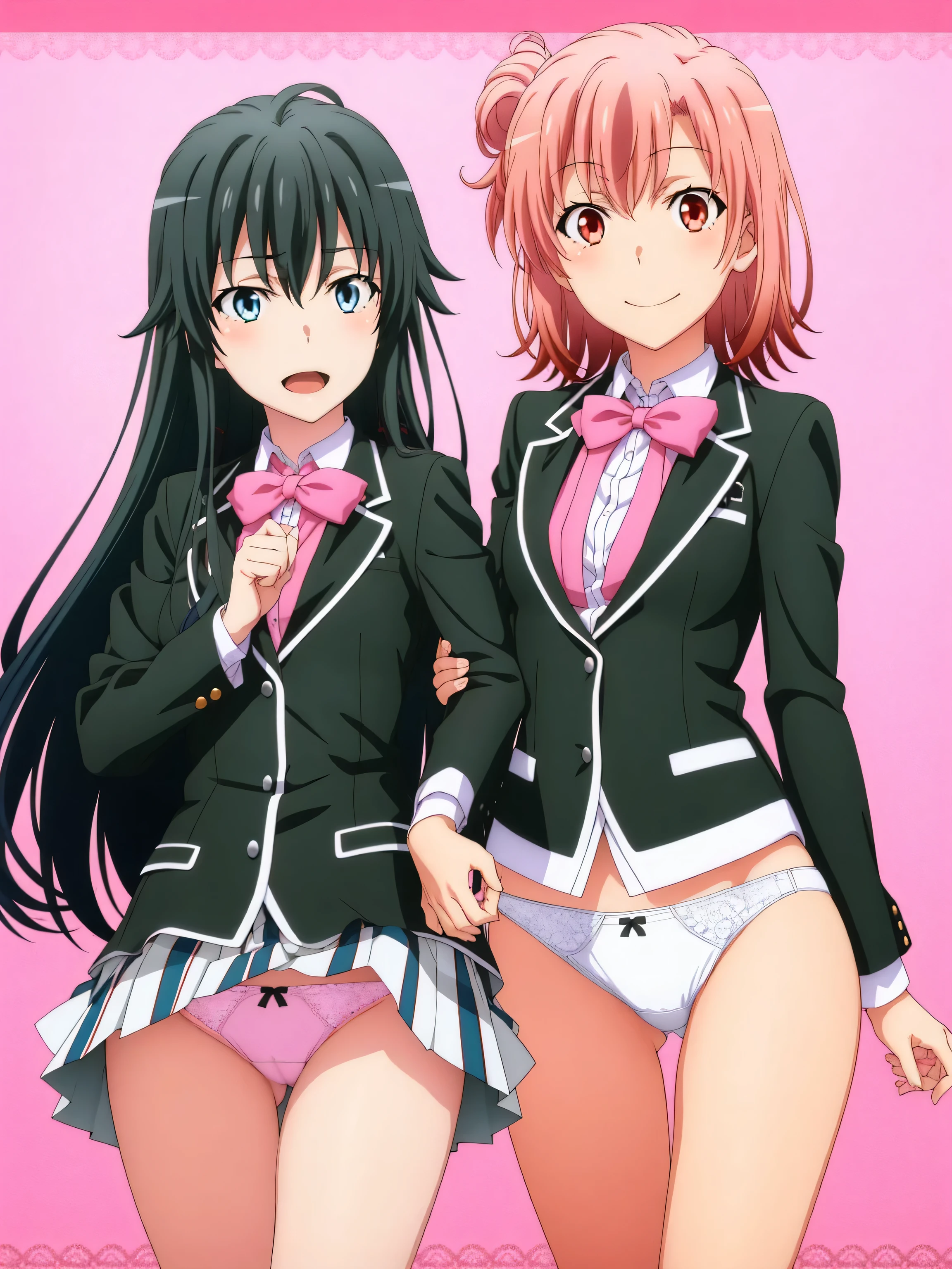 2 girls ,(old high quality) ,Yukinoshita Yukino , Yuigahama Yui , waltz dance , ,check skirt,thighs,(white panties),(pink panties),