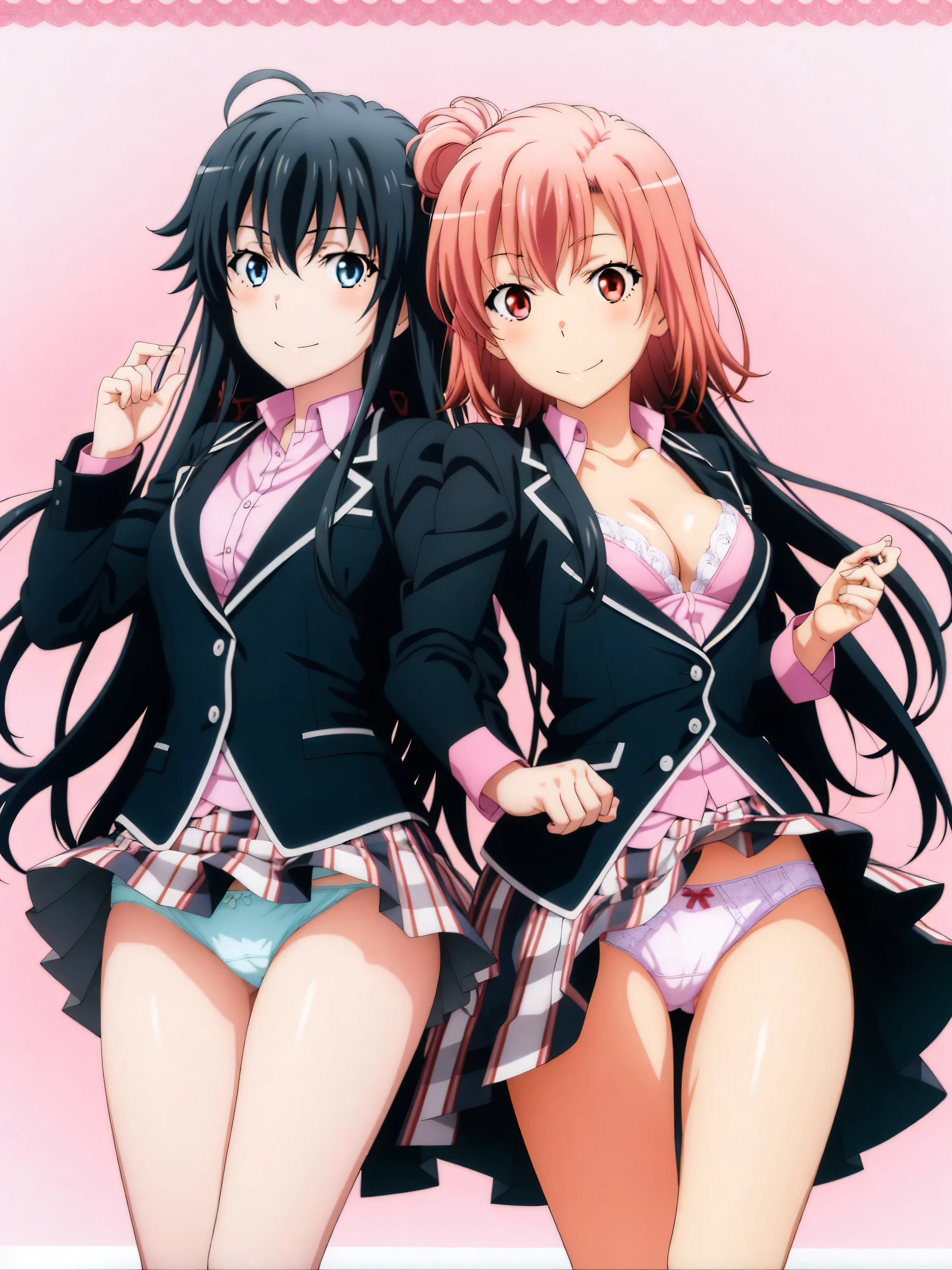 2 girls ,(old high quality) ,Yukinoshita Yukino , Yuigahama Yui , waltz dance , ,check skirt,thighs,(white panties),(pink panties),