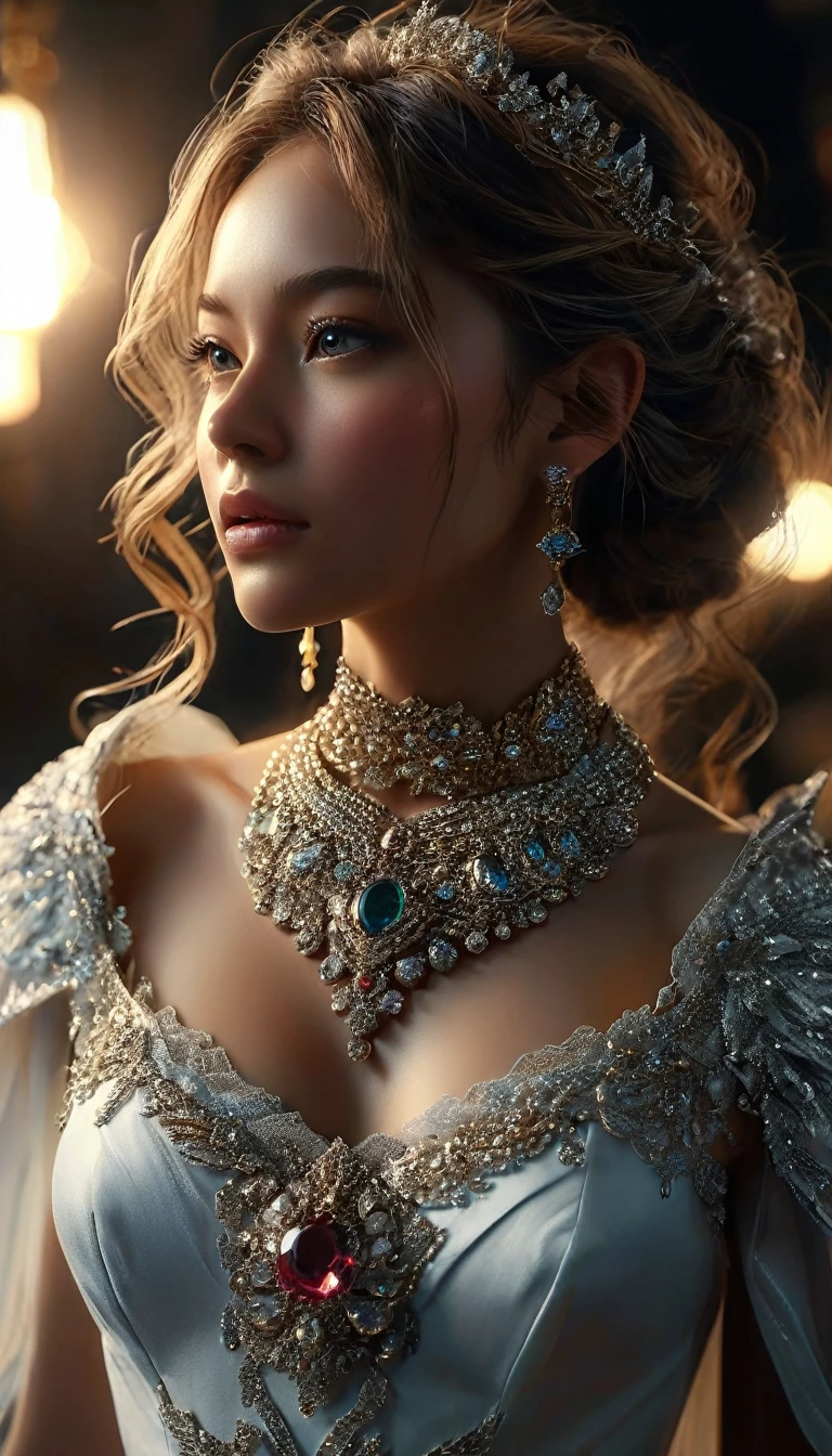 extreme close-up of a woman's neckline, perfect body, beautiful perfect breasts, neck necklace going deep into neckline, most expensive necklace in the world, beautifully sculpted, precise details, photorealistic, 8k, high quality, high detail, intricate details, hyper realistic, photography, dramatic lighting, chiaroscuro, cinematic composition, volumetric lighting, stunning realism