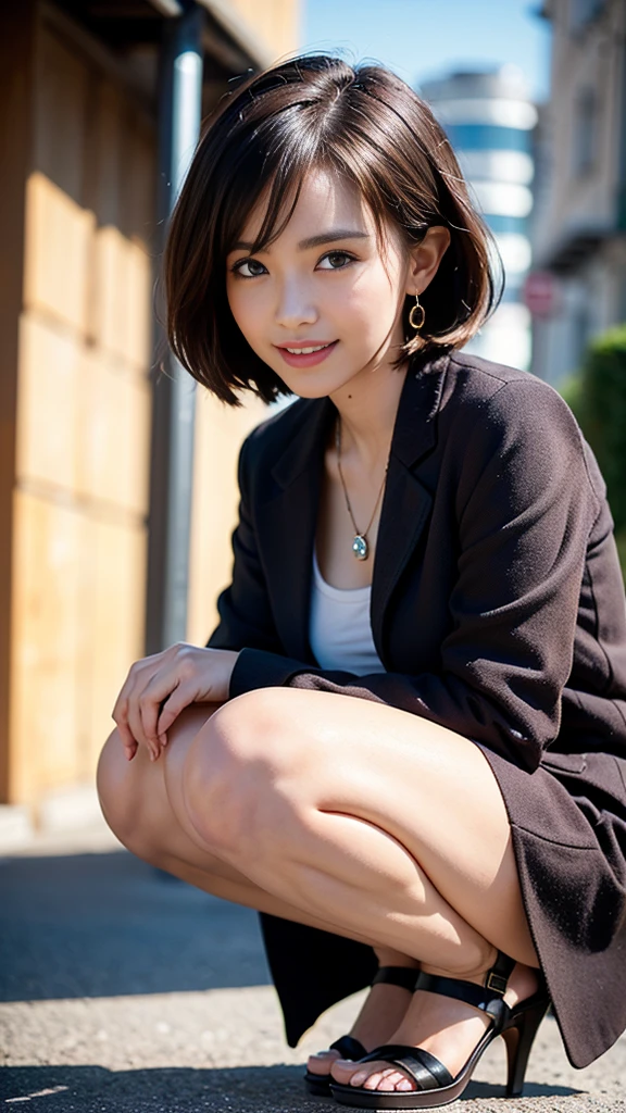 ((8k, RAW Photos, highest quality, masterpiece), High Resolution RAW Color Photo Professional Close-up Photo, (Realistic, Photorealism: 1.37), (highest quality), (Best Shadow), (Best illustrations), Ultra-high resolution, High quality CG integrated 8K wallpaper, Physically Based Rendering, Cinema Lighting), 25-year-old woman, (Wearing a dyed color coat, White Shirt, Brown pencil skirt, necklace、Earrings), Beautiful details in the eyes, Light on the face, ((Full Body Shot: 1.2)), Particularly strong light, (Upward glance, Grinning smile:1.2), Shiny skin, (((Dark brown hair, short hair:1.2))), (Thick thighs), shy, (flash:1.2), Browsing Caution , (Puffy), ((Seductive posture: 1.2, Charm: 1.2)), (Sit on the streets of the city), ((Excellent anatomy: 1.2)), ((Bright and refreshing, The background is blurred: 1.2)), Perfect Face, Cute Face, (Low angle shot:1.2), Small breasts:1.2, Small hips:1.2, Squat on your knees, Arms crossed, Pin-high heel sandals