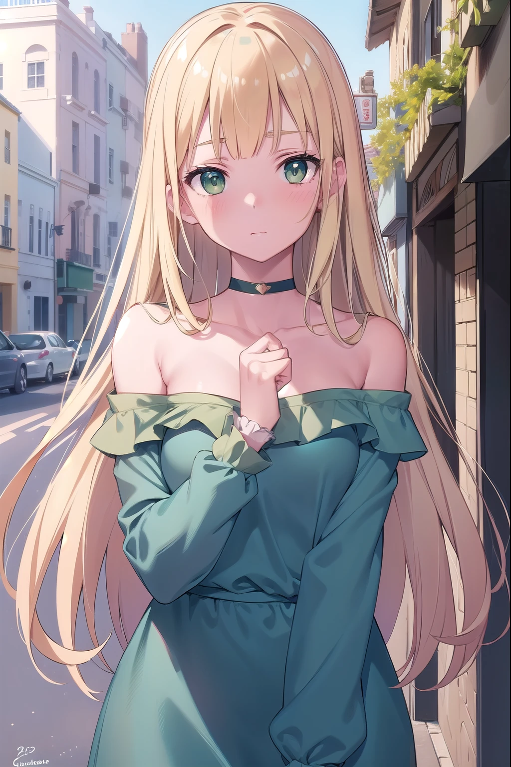 Blonde Hair, choker, (Green Eyes:1.5), Long Hair, break bare shoulders, , blush, blush stickers, clavicle, Have, Off the shoulder, (Blue clothes:1.5), break looking at viewer, break outdoors, city, break (masterpiece:1.2), highest quality, High resolution, Unity 8k, (figure:0.8), (Beautiful fine details:1.6), Highly detailed face, Perfect lighting, Highly detailed CG, (Perfect hands, Perfect Anatomy),(Blush all over face, Embarrassing)