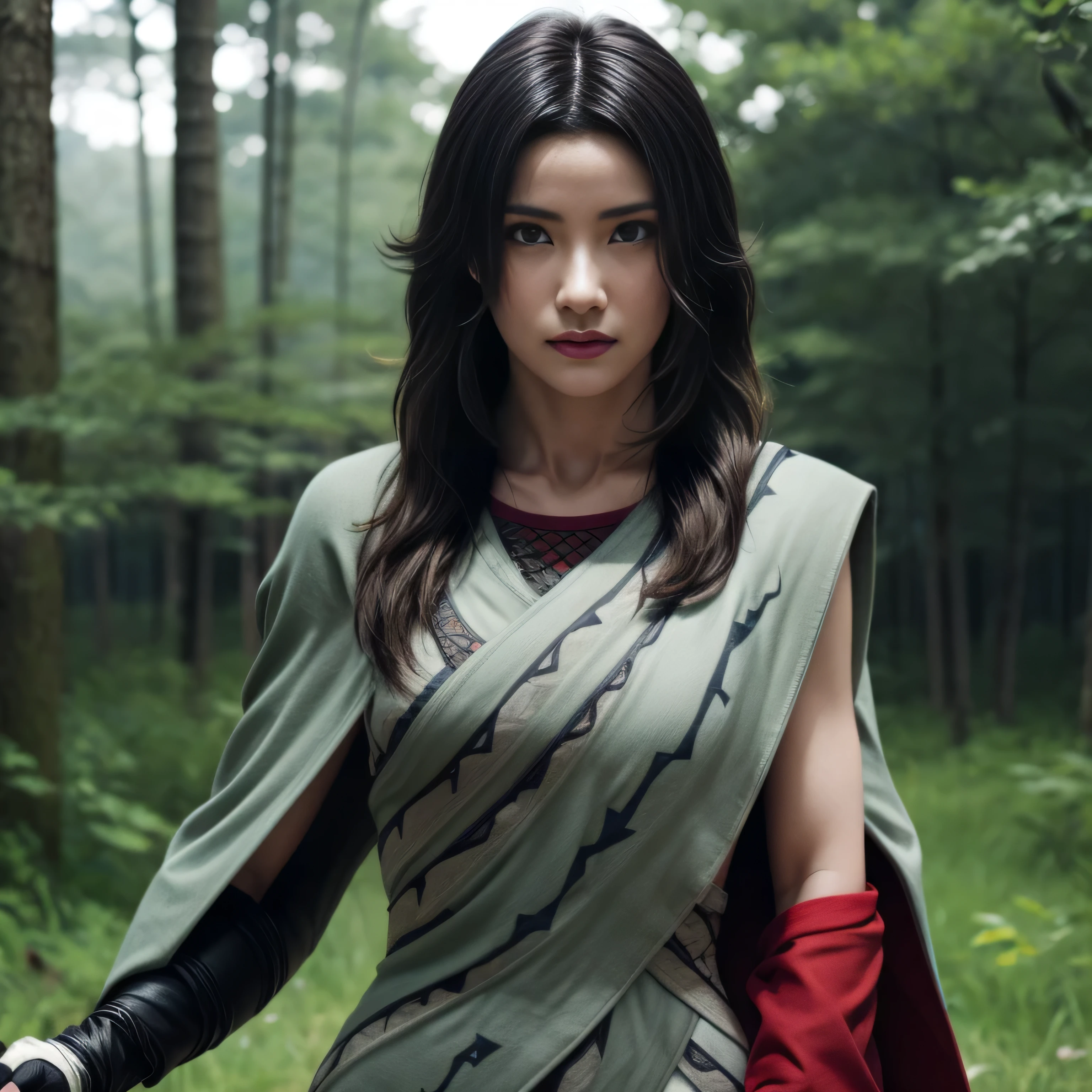 photorealistic, masterpiece, photorealistic, high resolution, soft light, hips up, cunt up, blue eyes, blonde hair, long hair, Intricate details EABA, cloaks, green scroll, Ninja, Armor, Godaime Mizukage, Kurenai Yuhi, nude, medium breasts, Konoha forest